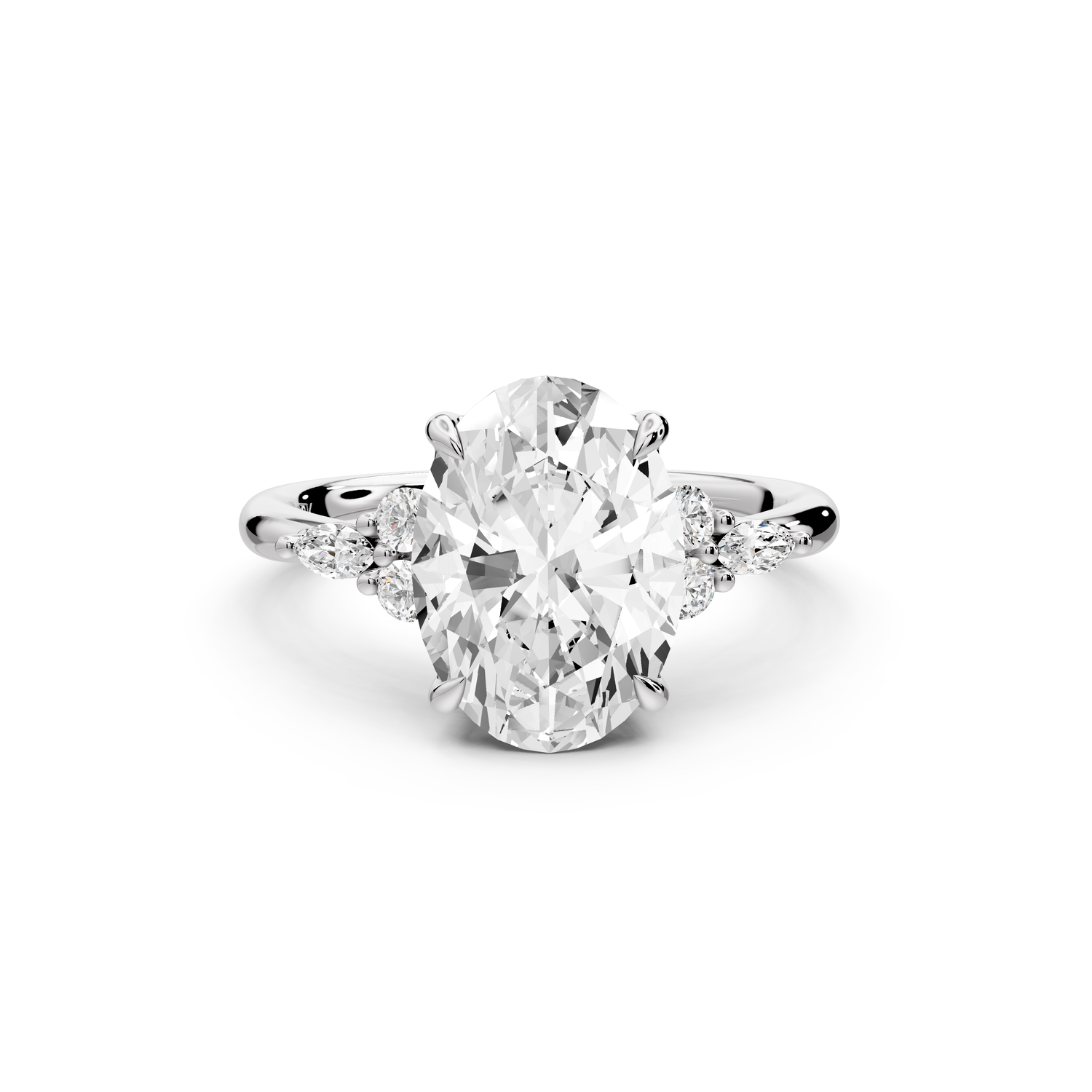 Sandi - 3ct platinum Oval Floral Cluster Side-Stone Engagement Ring with Plain Band