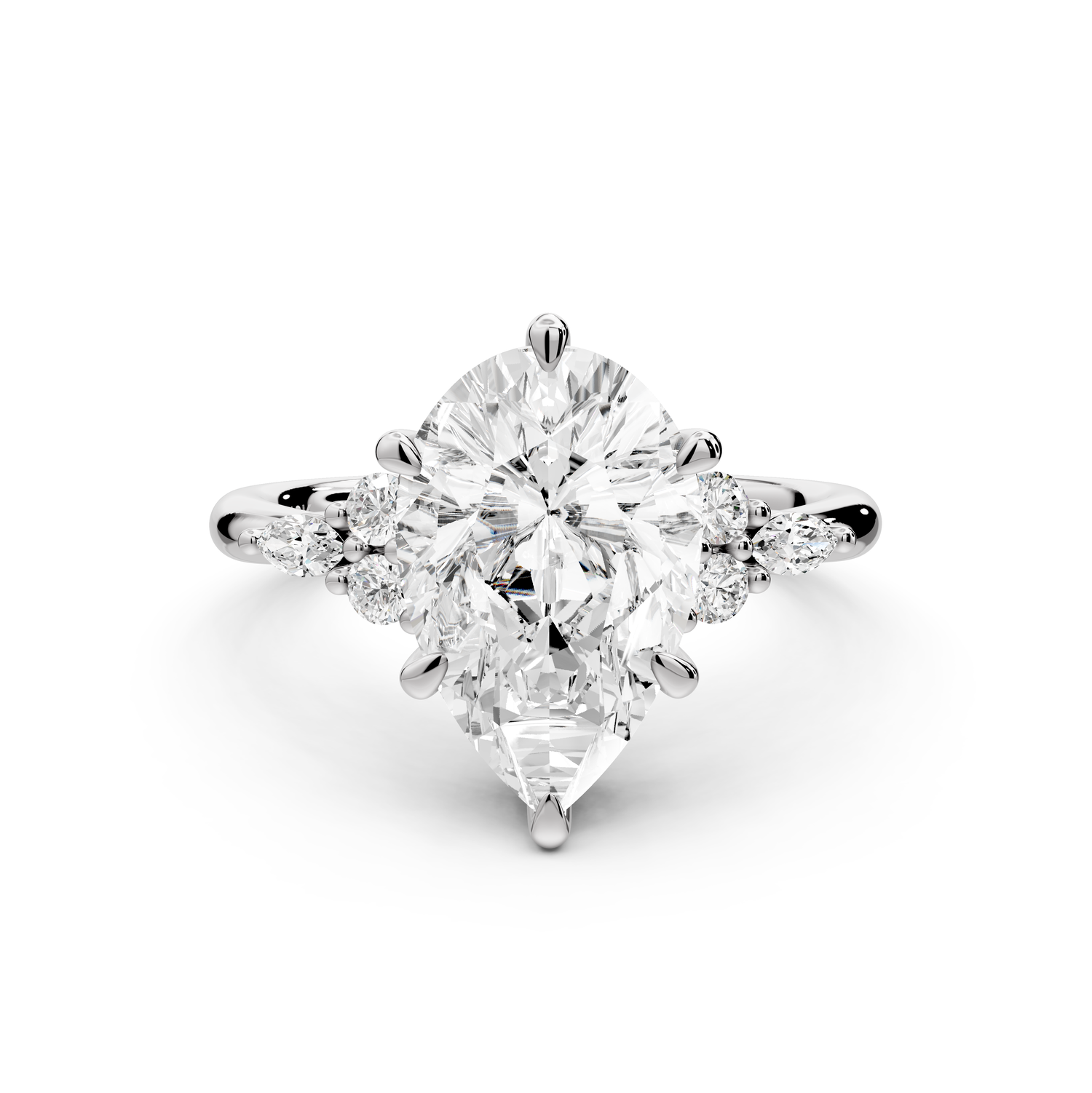 Sandi - 3ct platinum Pear Floral Cluster Side-Stone Engagement Ring with Plain Band