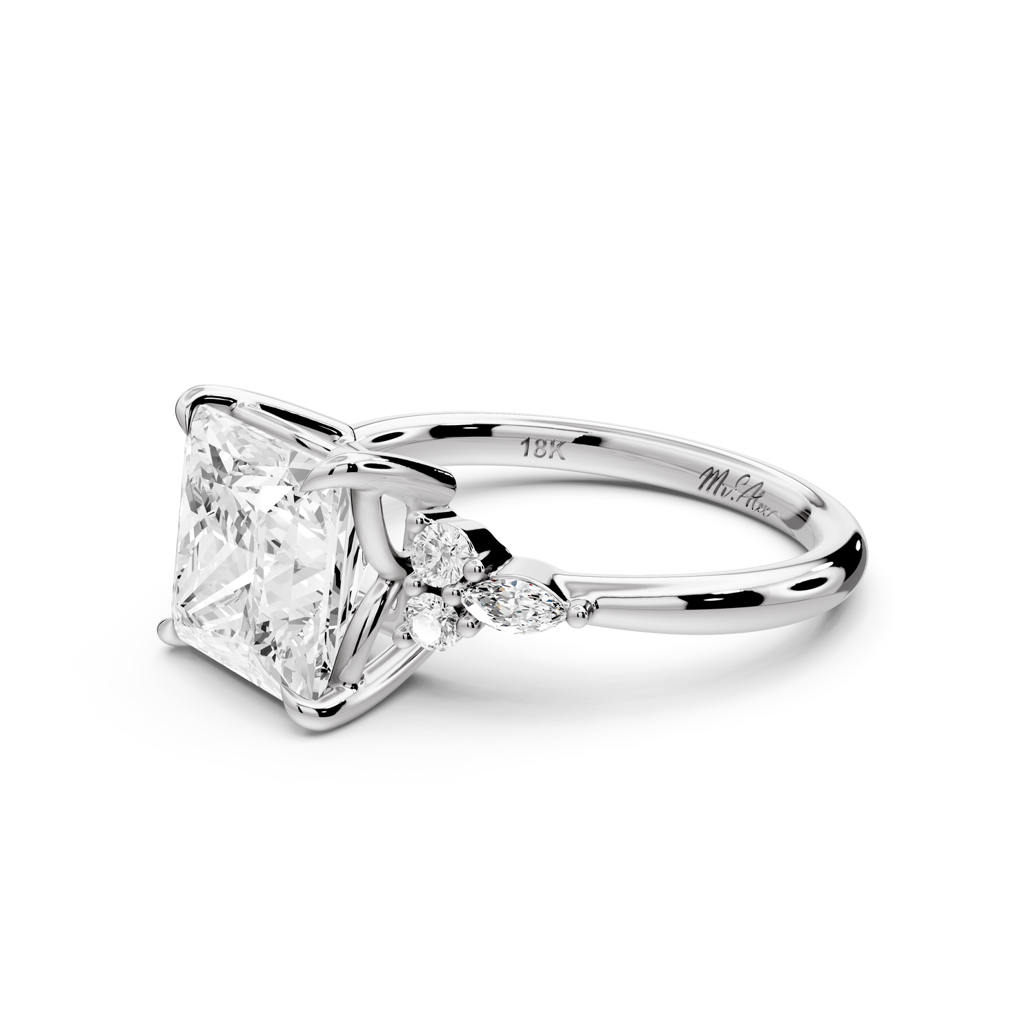 Sandi - 3ct platinum Princess Floral Cluster Side-Stone Engagement Ring with Plain Band