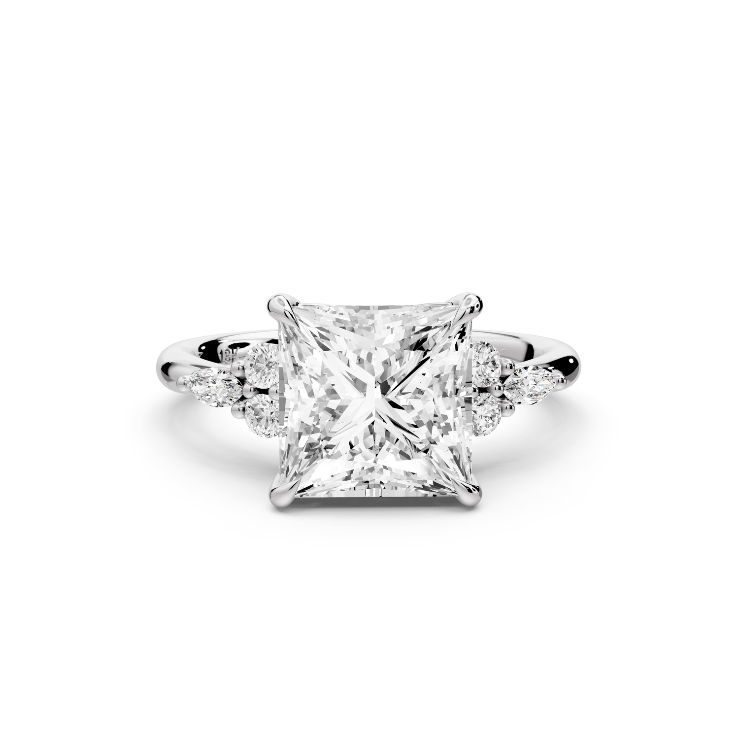 Sandi - 3ct platinum Princess Floral Cluster Side-Stone Engagement Ring with Plain Band