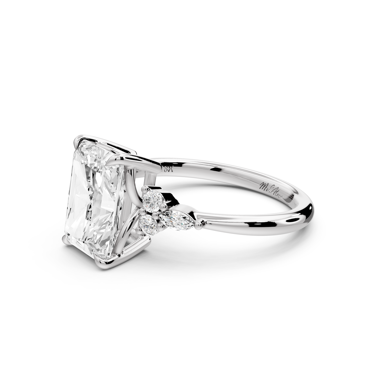 Sandi - 3ct platinum Radiant Floral Cluster Side-Stone Engagement Ring with Plain Band