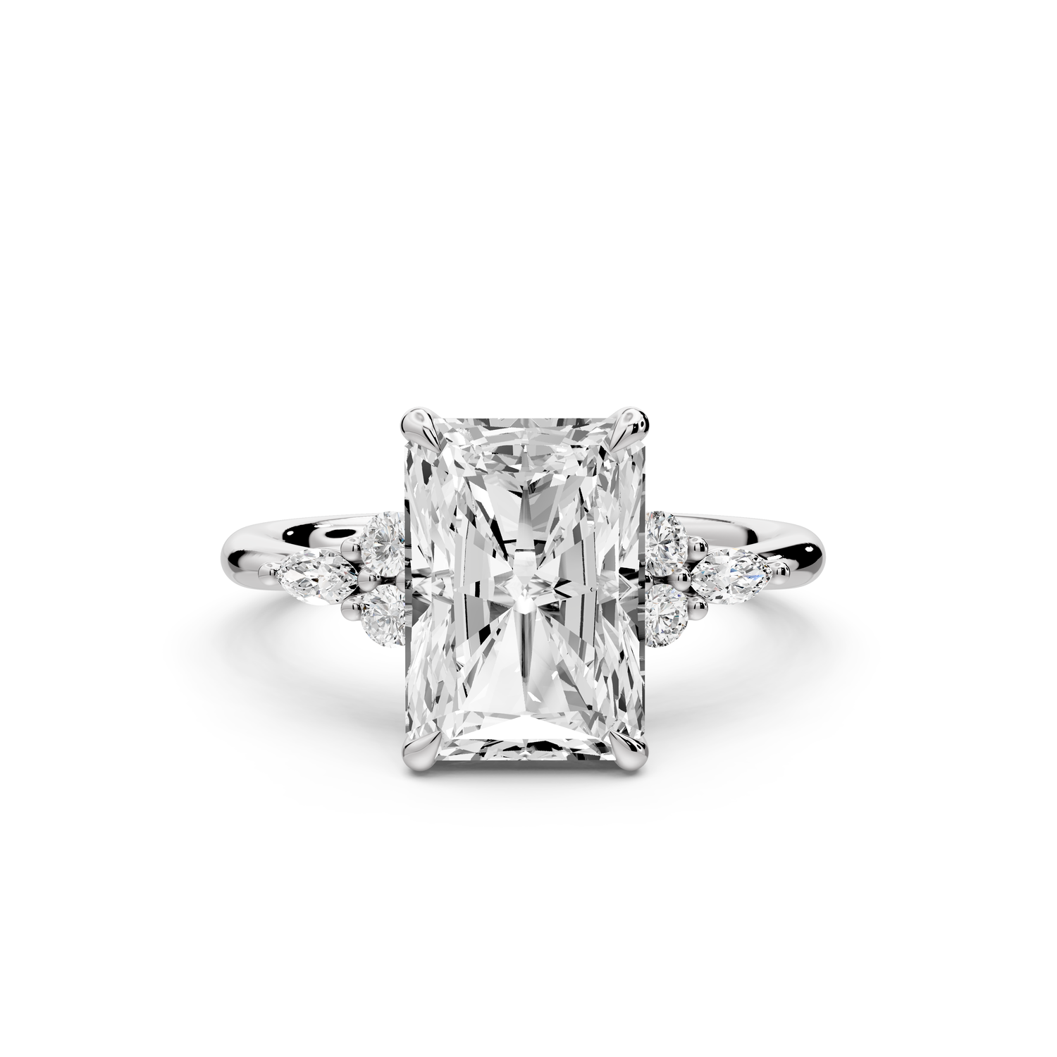 Sandi - 3ct platinum Radiant Floral Cluster Side-Stone Engagement Ring with Plain Band