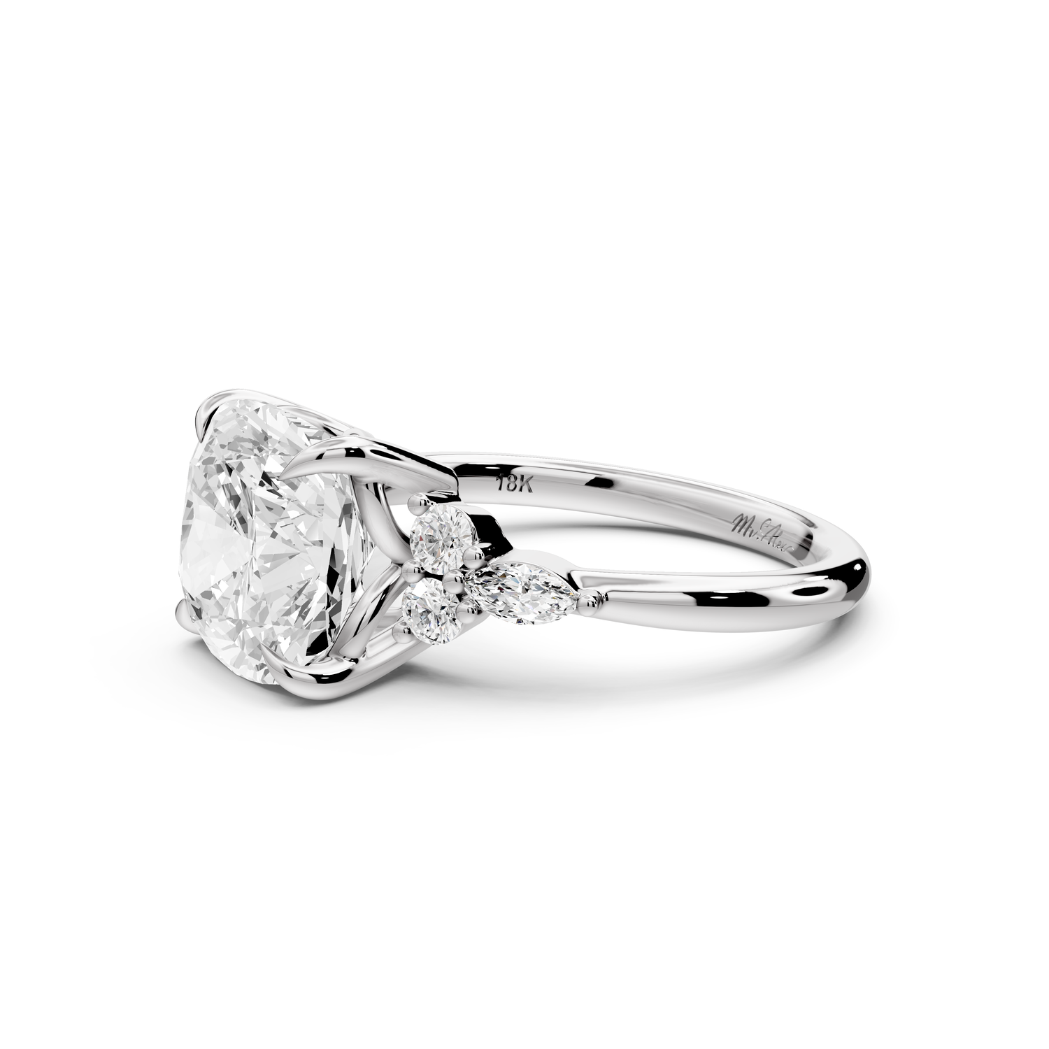 Sandi - 4ct platinum Cushion Floral Cluster Side-Stone Engagement Ring with Plain Band