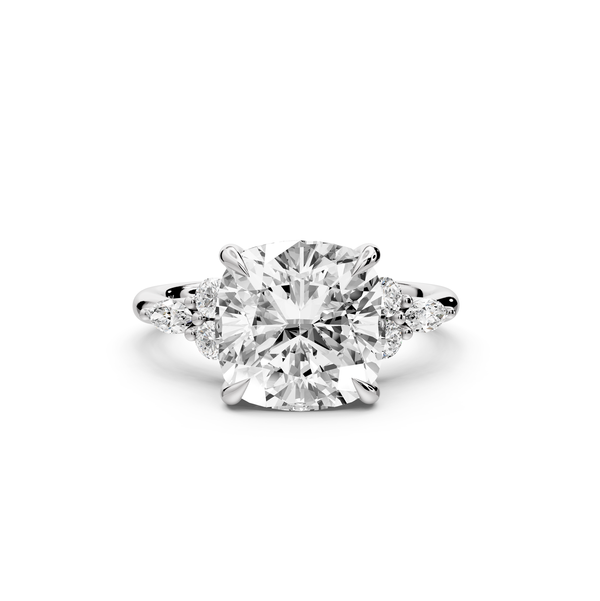 Sandi - 4ct platinum Cushion Floral Cluster Side-Stone Engagement Ring with Plain Band