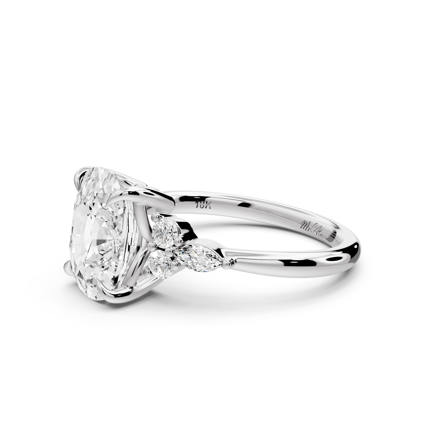 Sandi - 4ct platinum Ecushion Floral Cluster Side-Stone Engagement Ring with Plain Band