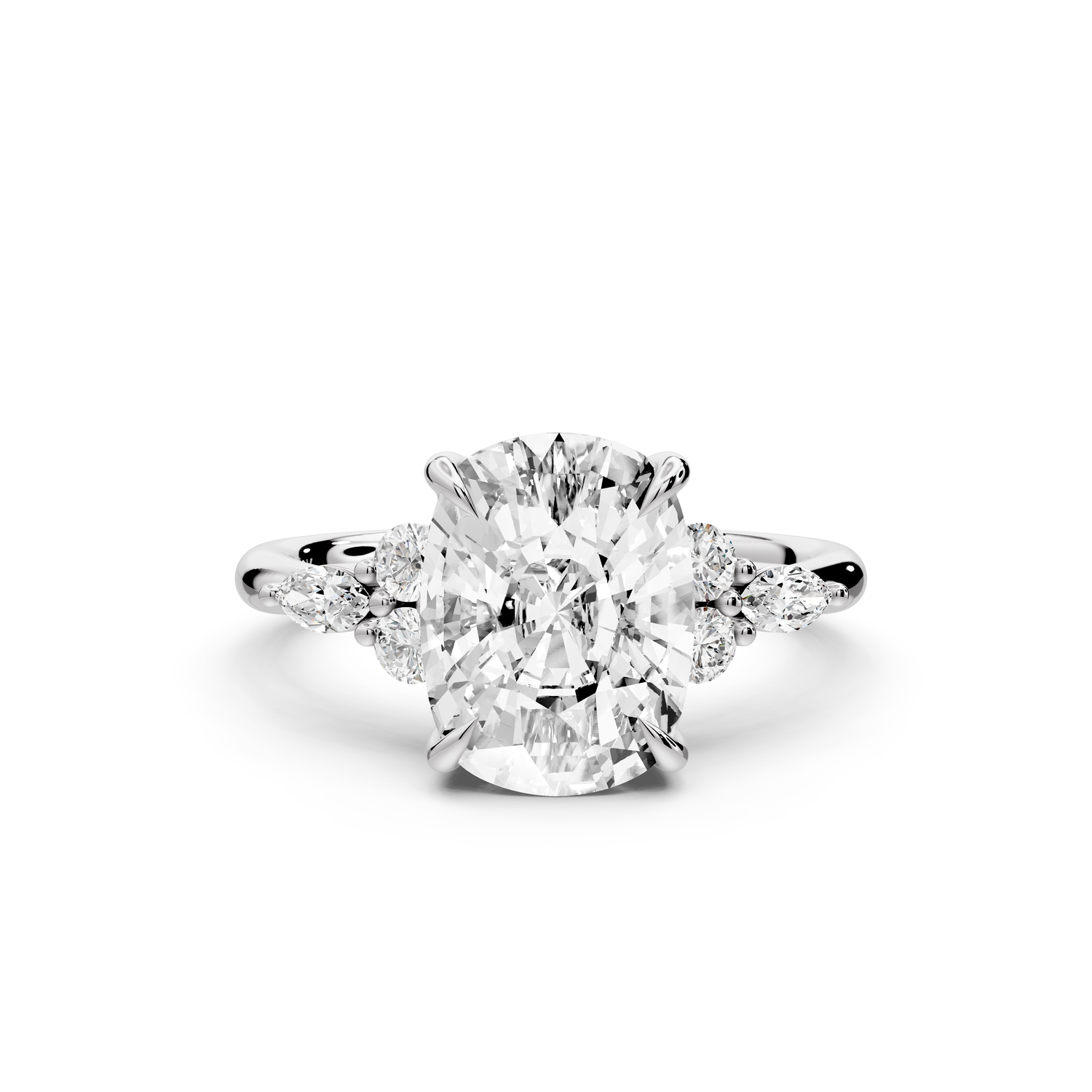 Sandi - 4ct platinum Ecushion Floral Cluster Side-Stone Engagement Ring with Plain Band