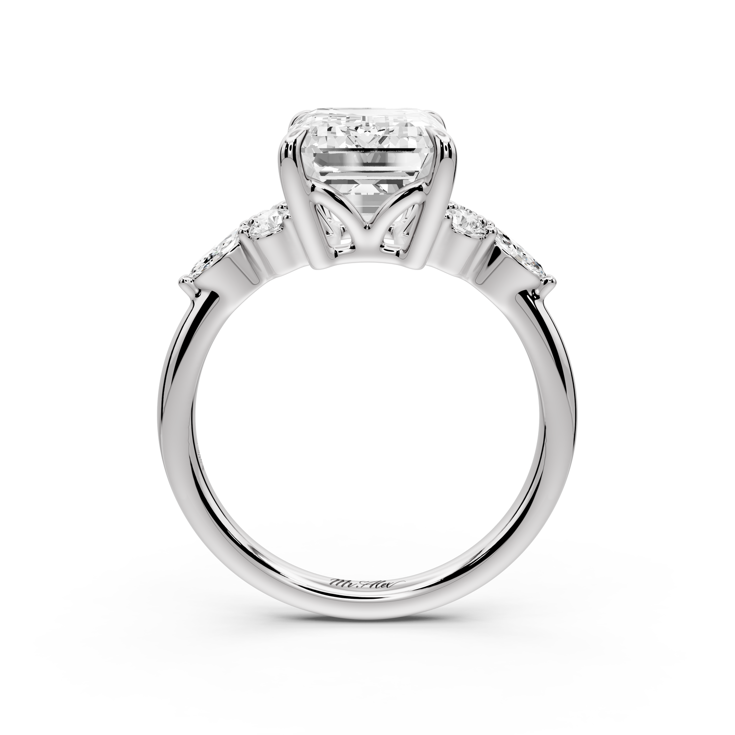 Sandi - 4ct platinum Emerald Floral Cluster Side-Stone Engagement Ring with Plain Band