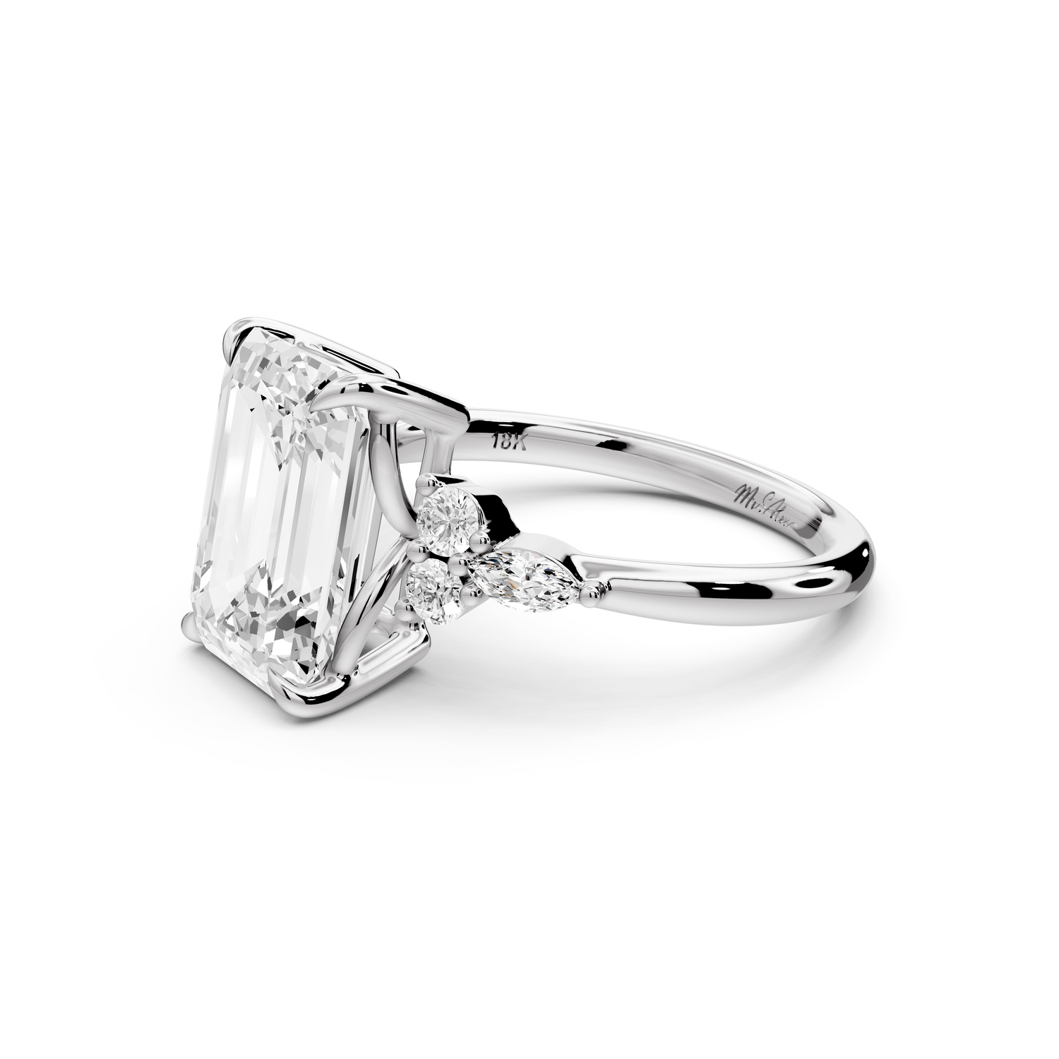 Sandi - 4ct platinum Emerald Floral Cluster Side-Stone Engagement Ring with Plain Band