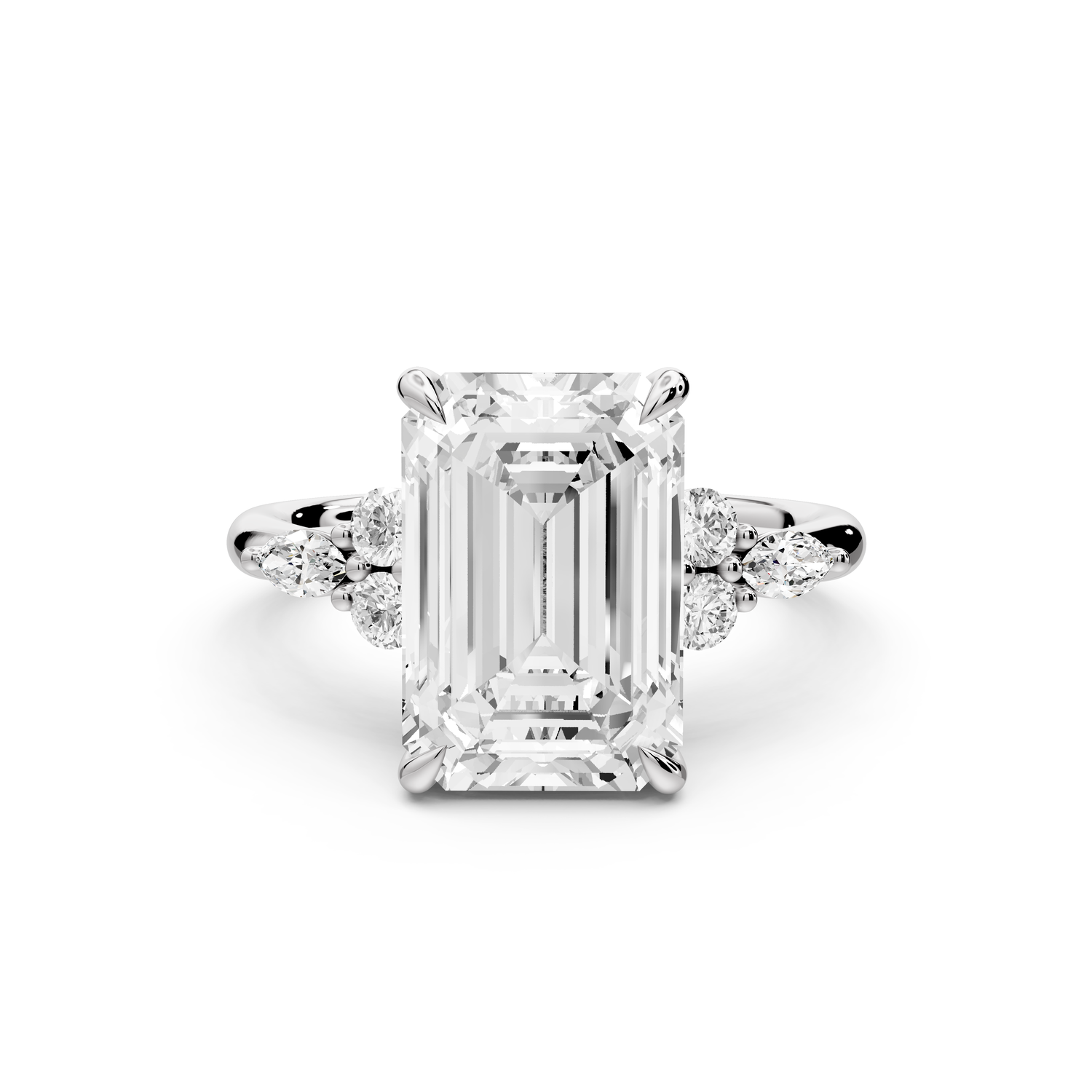 Sandi - 4ct platinum Emerald Floral Cluster Side-Stone Engagement Ring with Plain Band