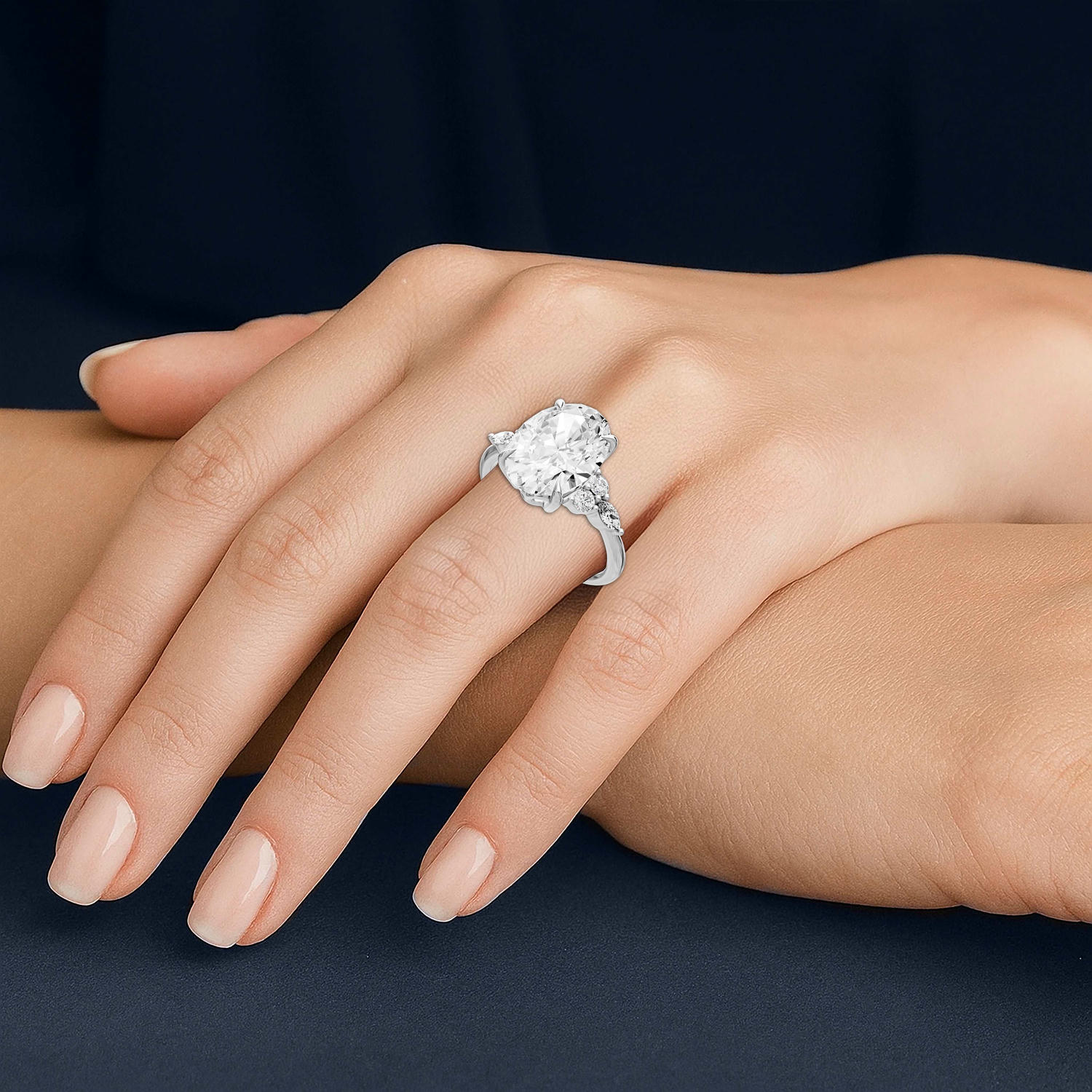 Sandi - 4ct platinum Oval Floral Cluster Side-Stone Engagement Ring with Plain Band