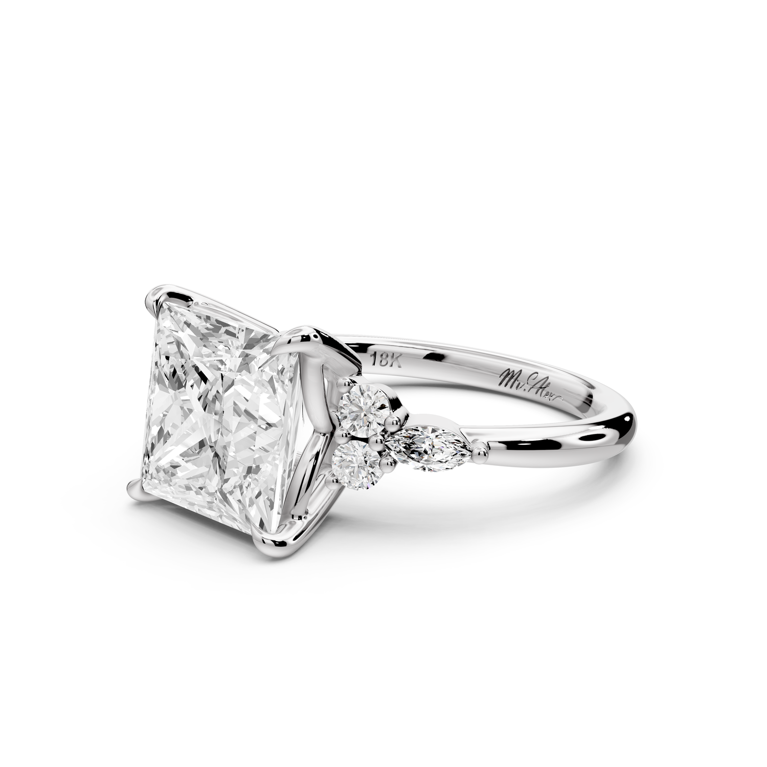 Sandi - 4ct platinum Princess Floral Cluster Side-Stone Engagement Ring with Plain Band