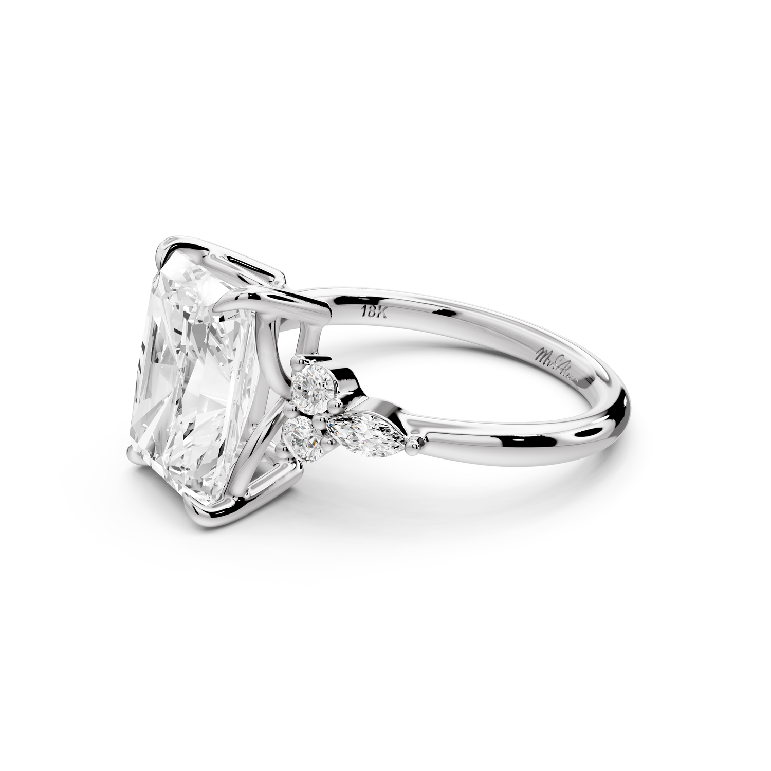 Sandi - 4ct platinum Radiant Floral Cluster Side-Stone Engagement Ring with Plain Band