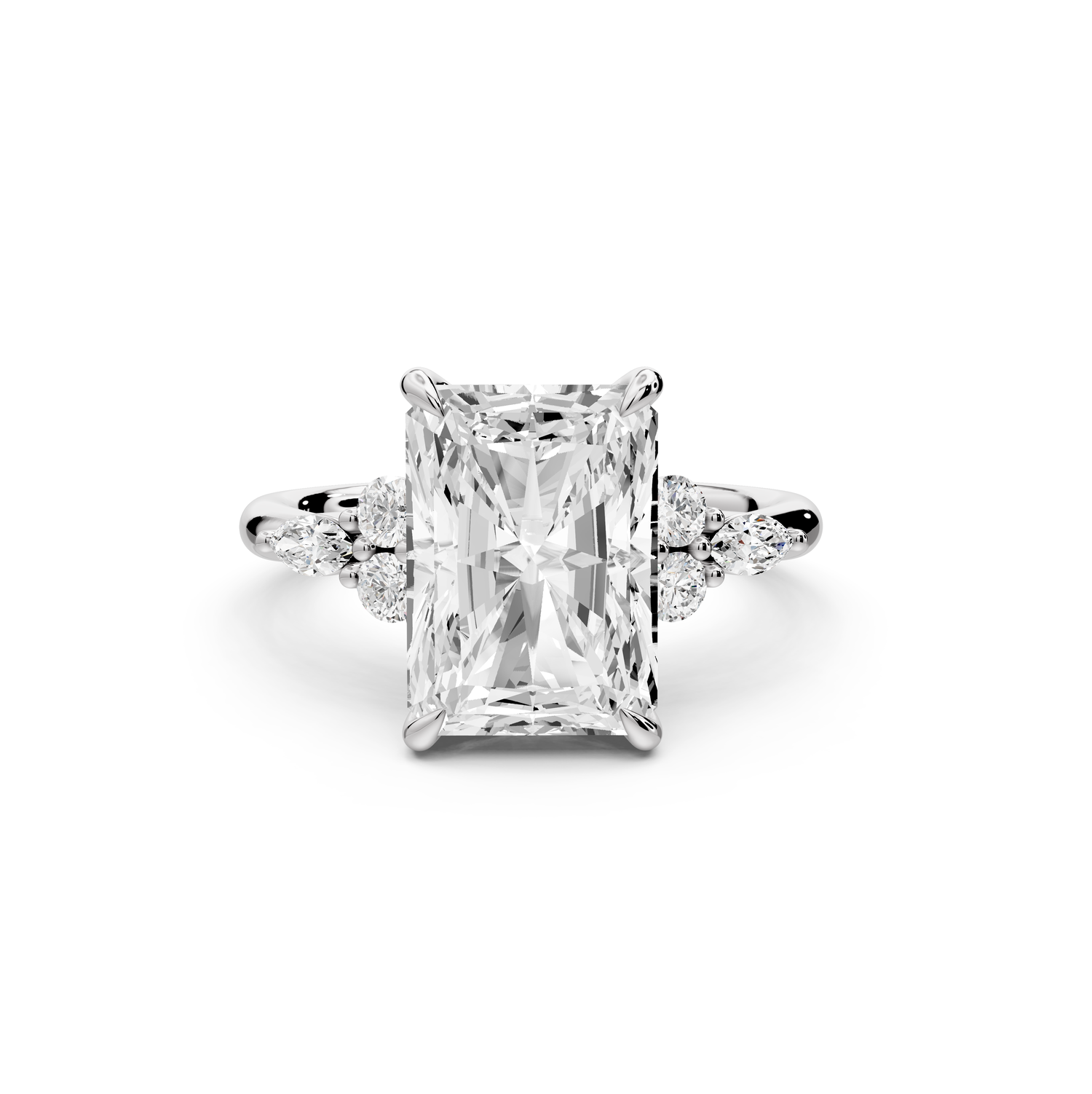 Sandi - 4ct platinum Radiant Floral Cluster Side-Stone Engagement Ring with Plain Band