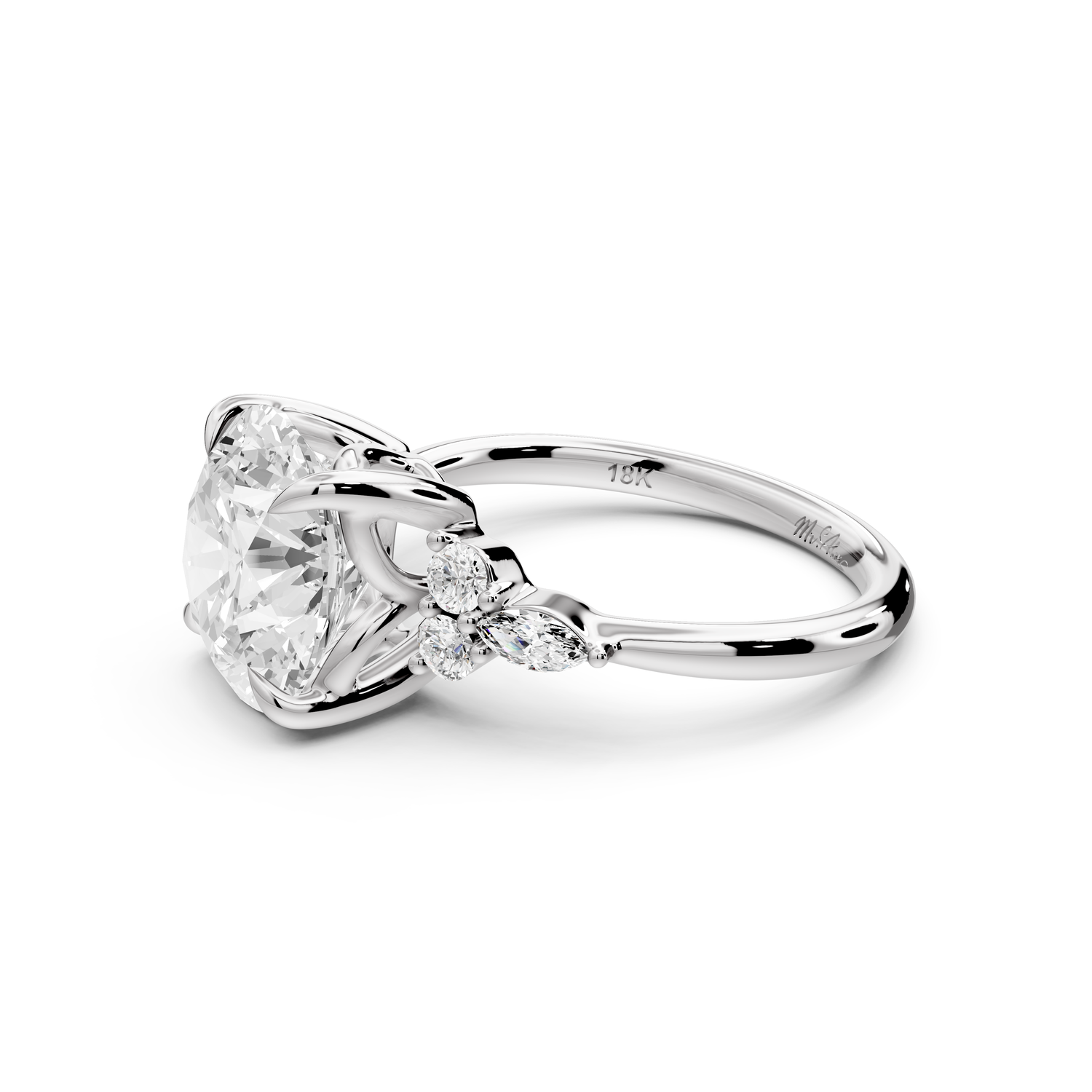 Sandi - 4ct platinum Round Floral Cluster Side-Stone Engagement Ring with Plain Band