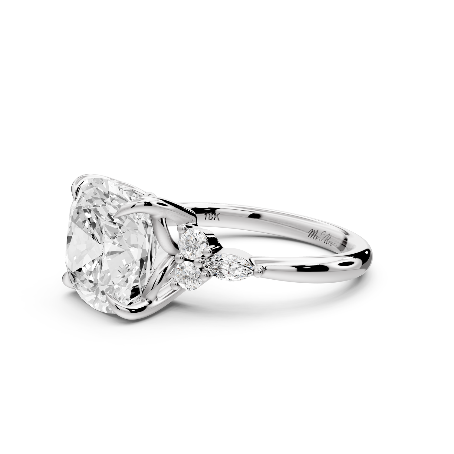 Sandi - 5ct platinum Cushion Floral Cluster Side-Stone Engagement Ring with Plain Band