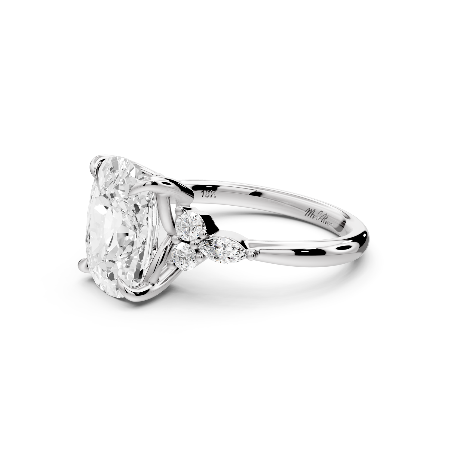 Sandi - 5ct platinum Ecushion Floral Cluster Side-Stone Engagement Ring with Plain Band