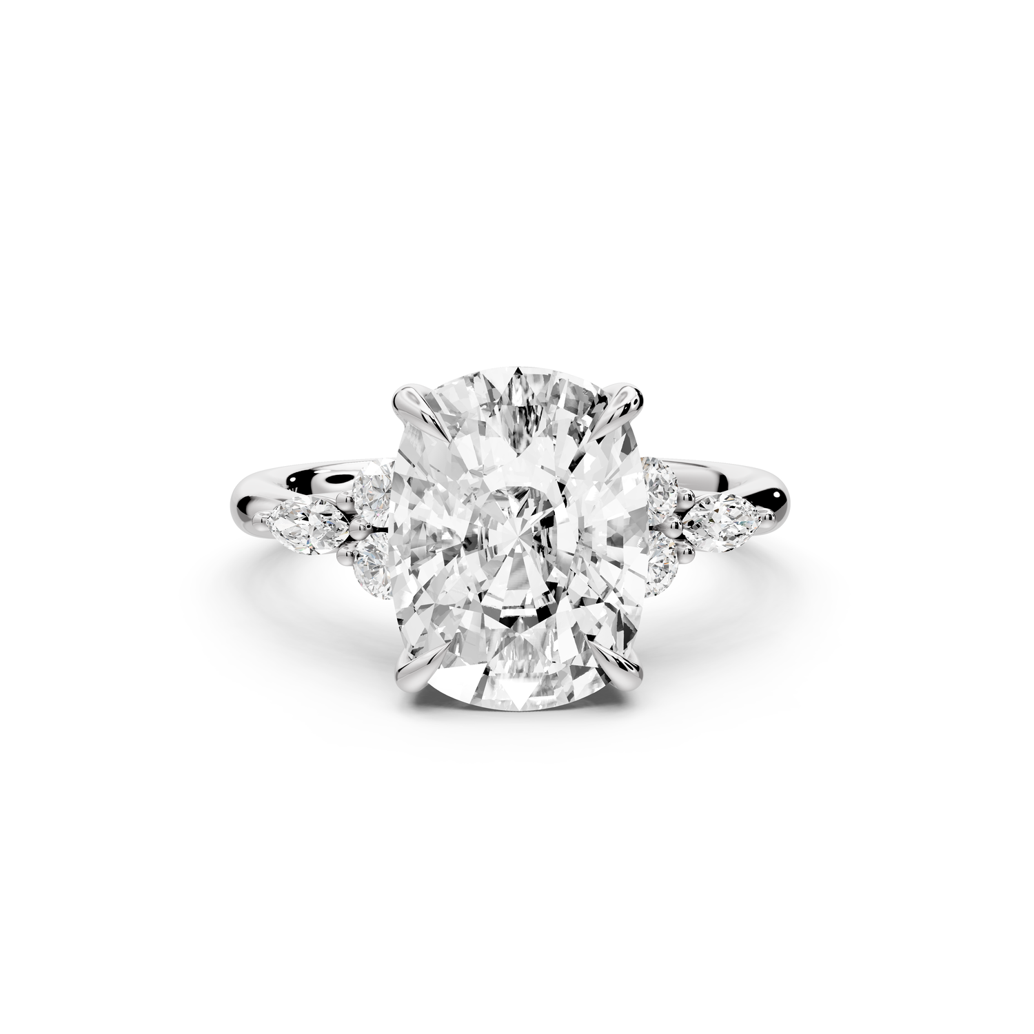 Sandi - 5ct platinum Ecushion Floral Cluster Side-Stone Engagement Ring with Plain Band