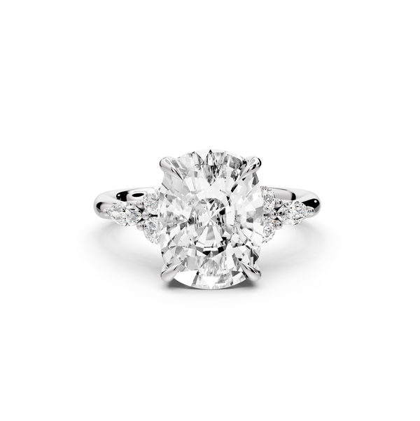Sandi - 5ct platinum Ecushion Floral Cluster Side-Stone Engagement Ring with Plain Band