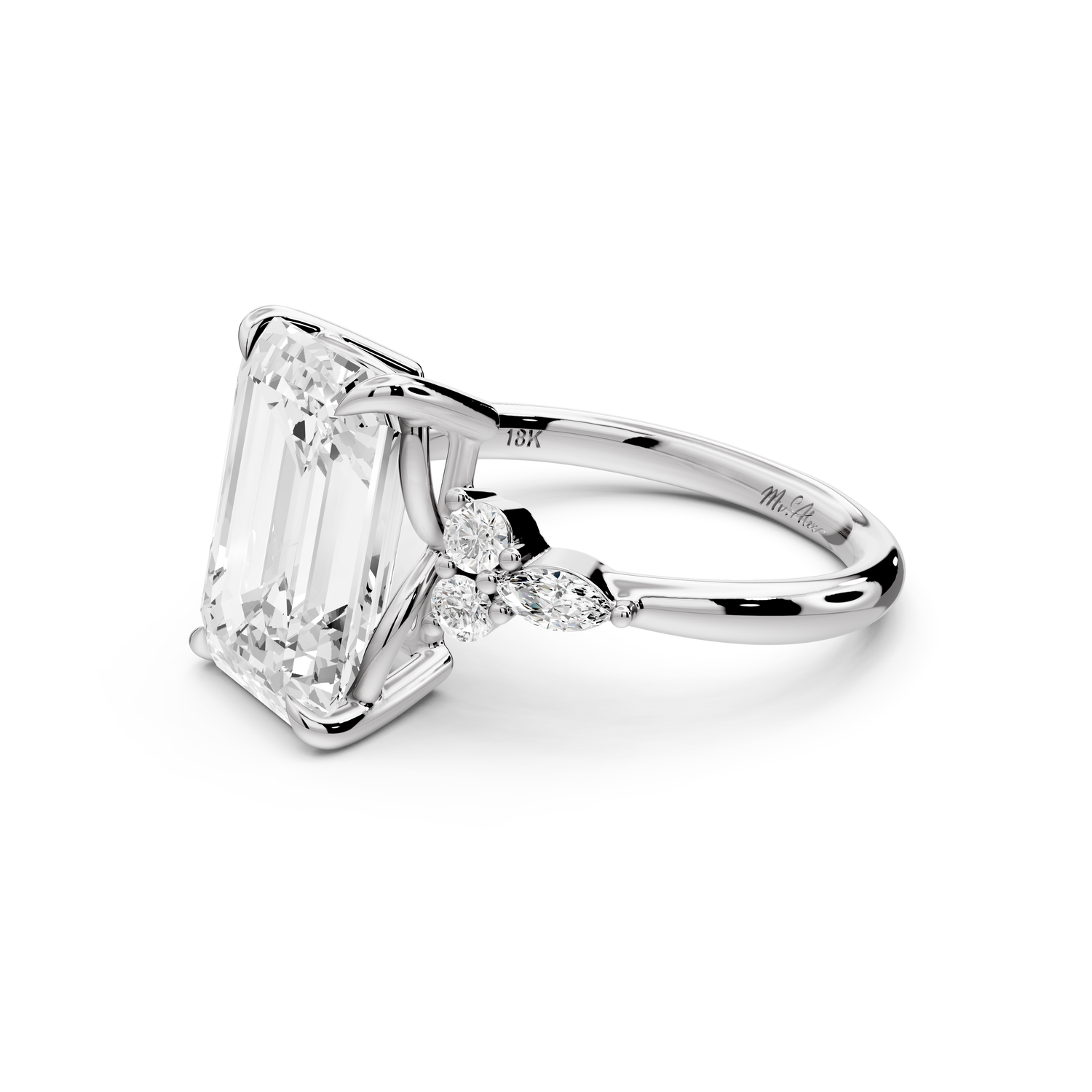 Sandi - 5ct platinum Emerald Floral Cluster Side-Stone Engagement Ring with Plain Band