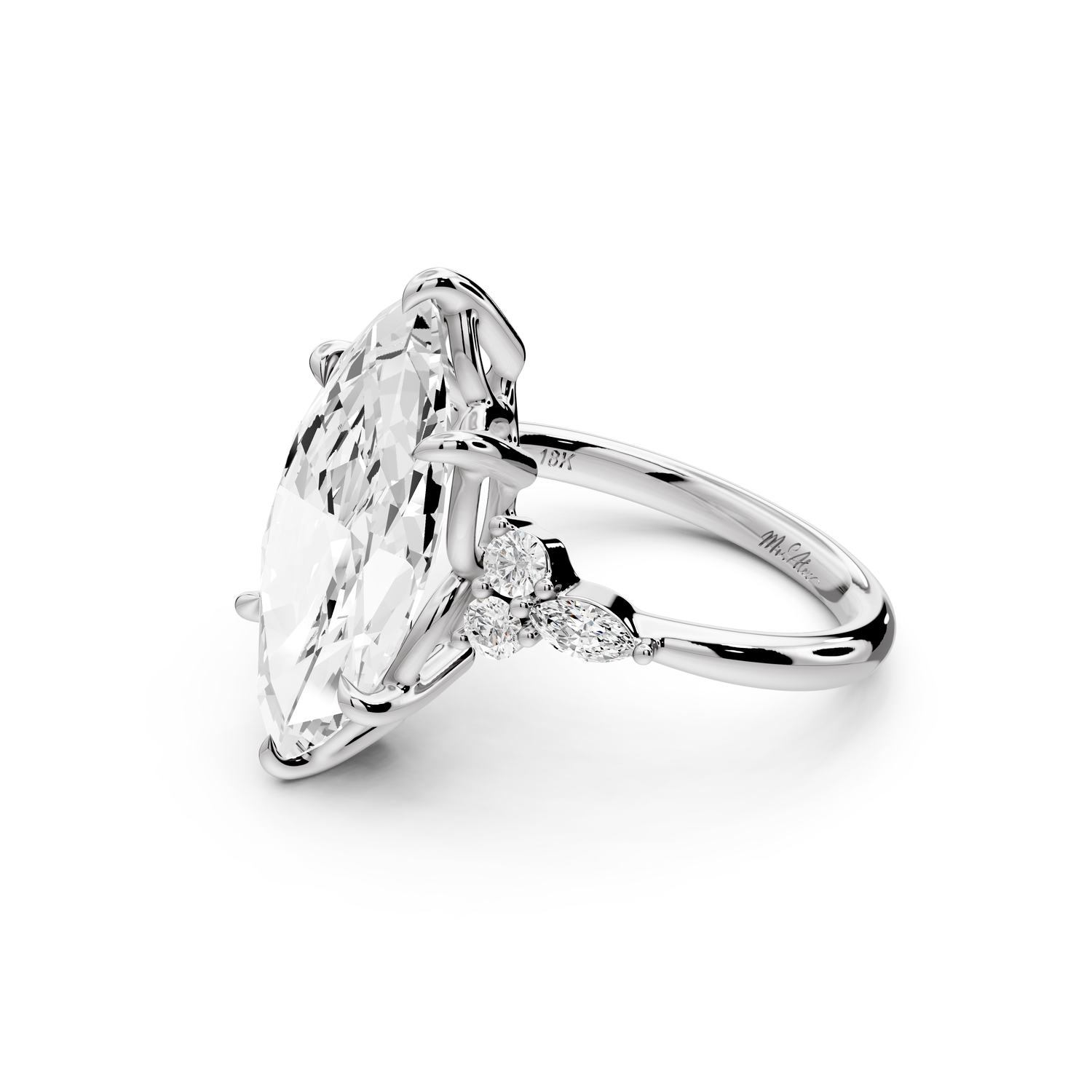 Sandi - 5ct platinum Marquise Floral Cluster Side-Stone Engagement Ring with Plain Band