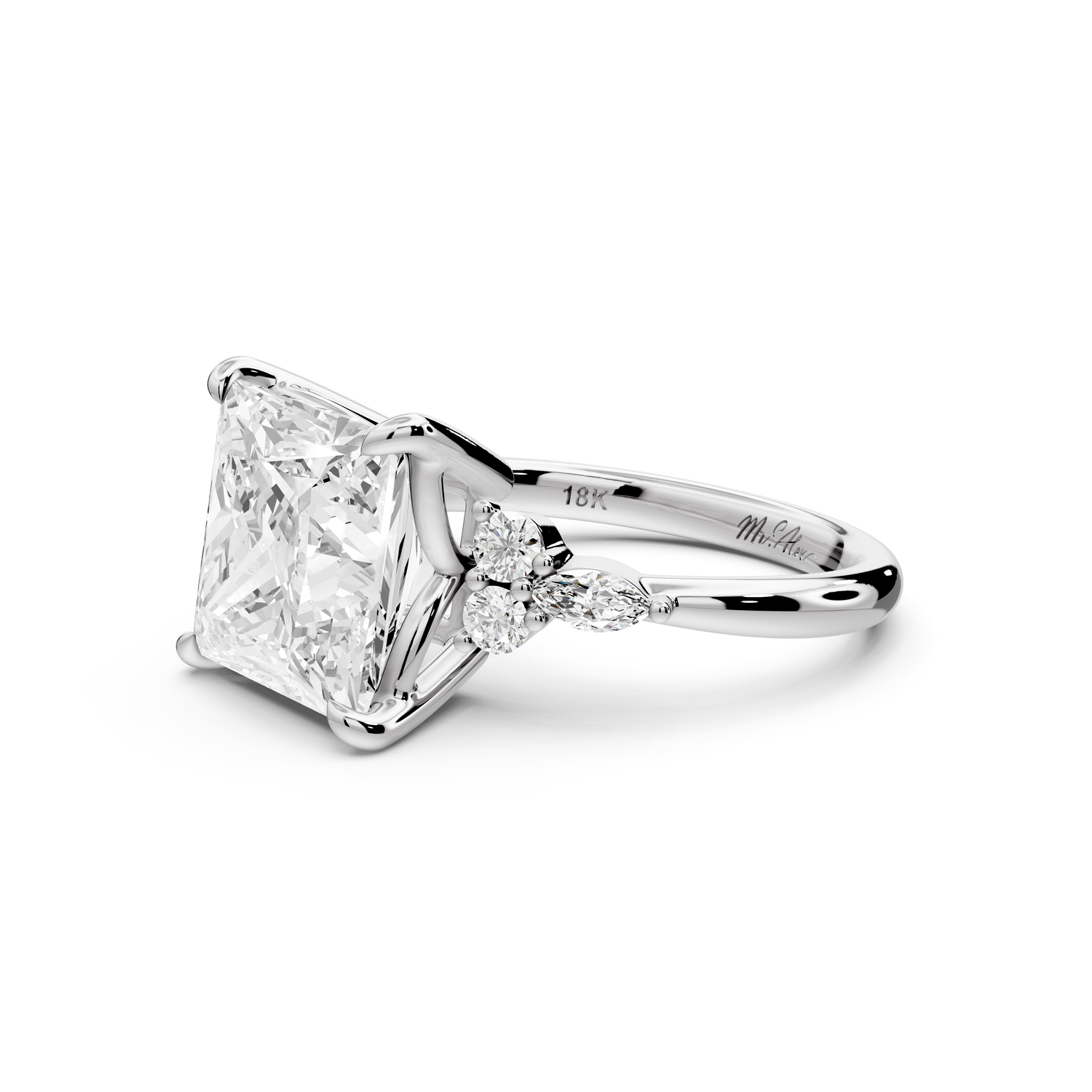 Sandi - 5ct platinum Princess Floral Cluster Side-Stone Engagement Ring with Plain Band