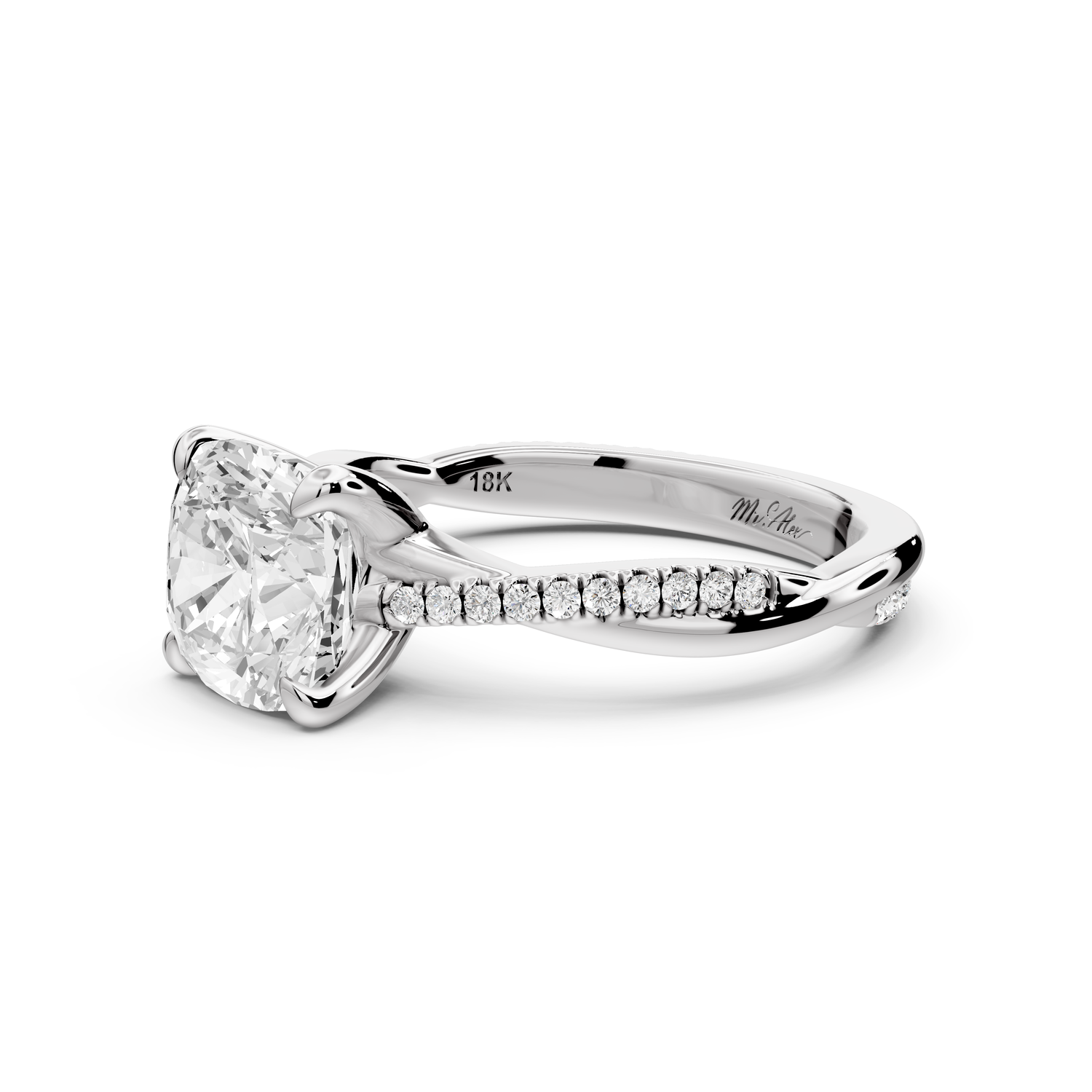 Ella - 2ct platinum Cushion Classic Solitaire Engagement Ring with Shared-Prong Pavé Band