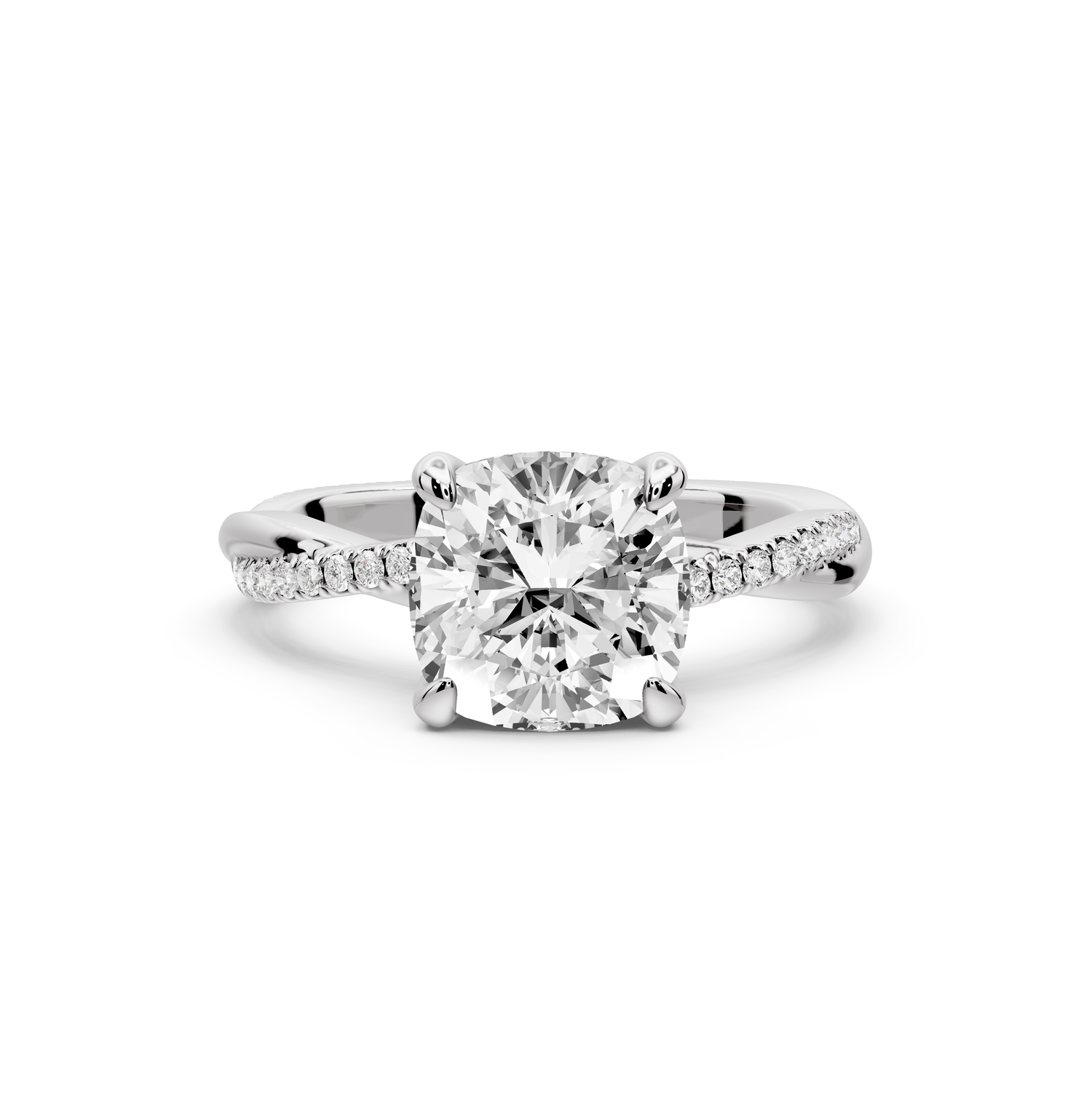 Ella - 2ct platinum Cushion Classic Solitaire Engagement Ring with Shared-Prong Pavé Band