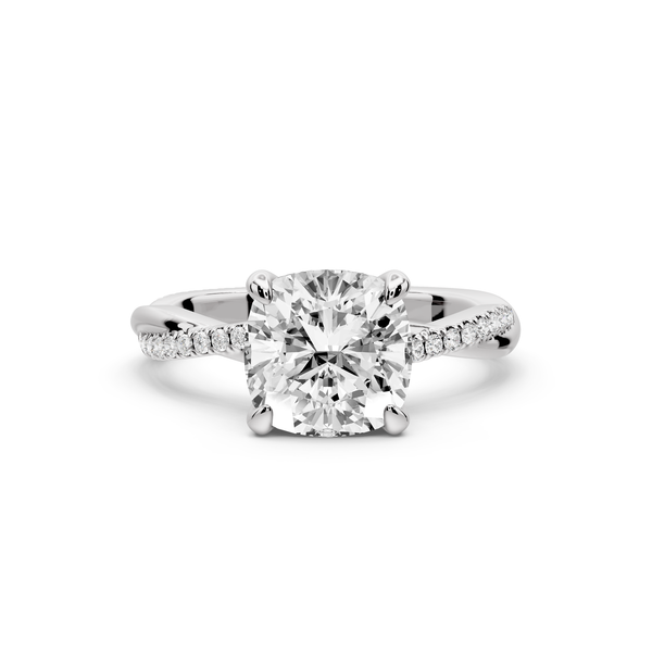 Ella - 2ct platinum Cushion Classic Solitaire Engagement Ring with Shared-Prong Pavé Band