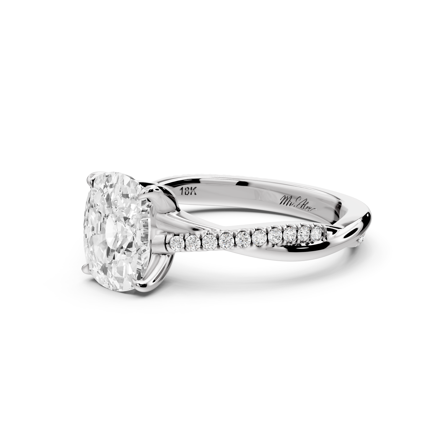 Ella - 2ct platinum Ecushion Classic Solitaire Engagement Ring with Shared-Prong Pavé Band