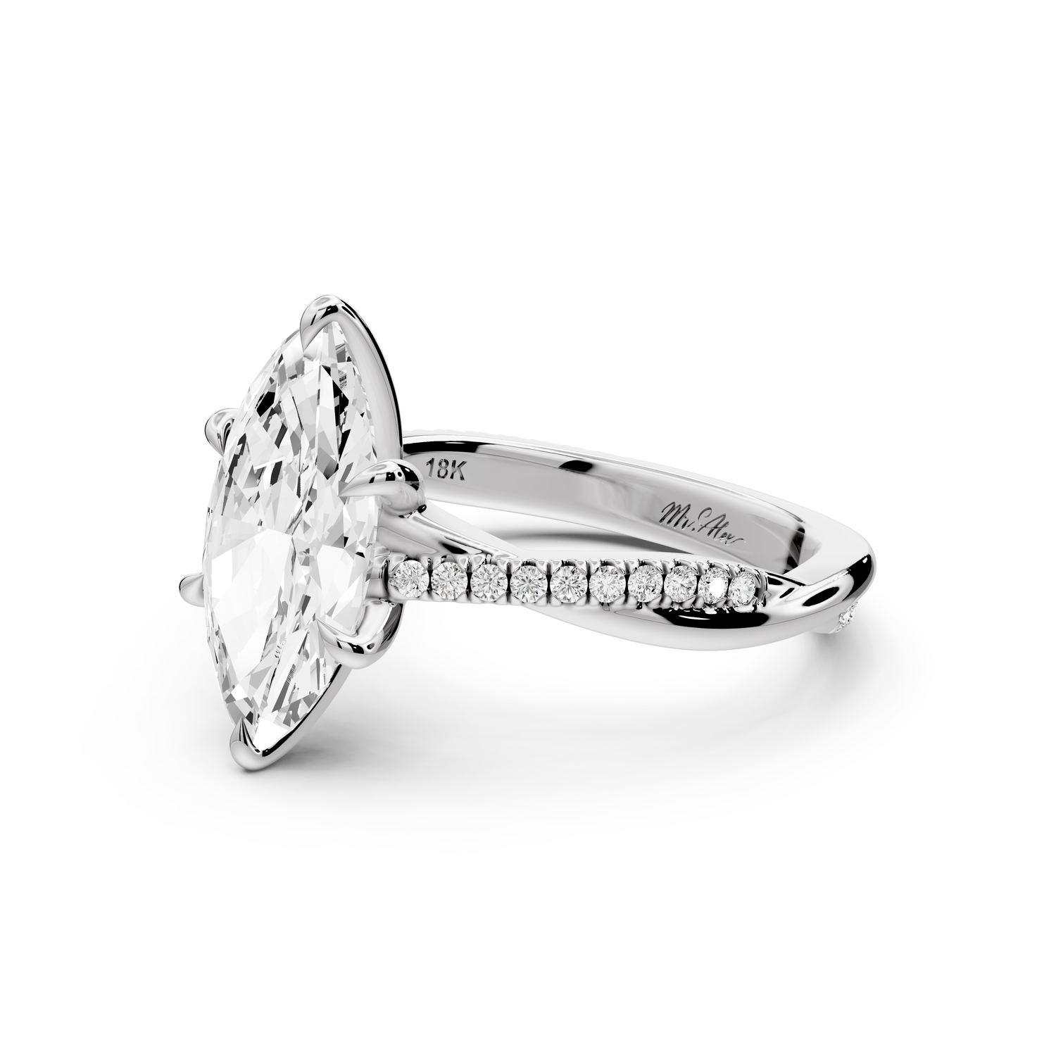 Ella - 2ct platinum Marquise Classic Solitaire Engagement Ring with Shared-Prong Pavé Band