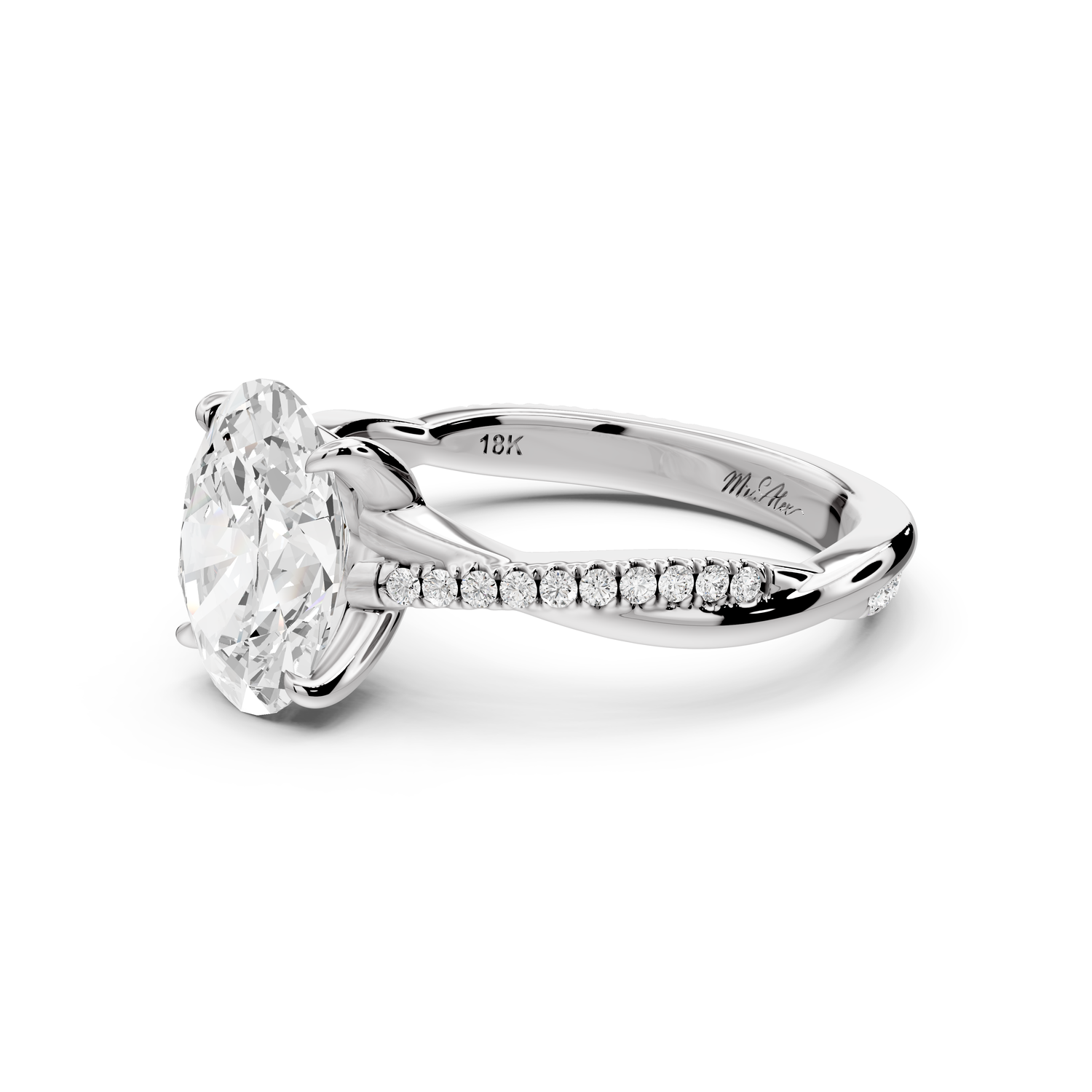 Ella - 2ct platinum Oval Classic Solitaire Engagement Ring with Shared-Prong Pavé Band