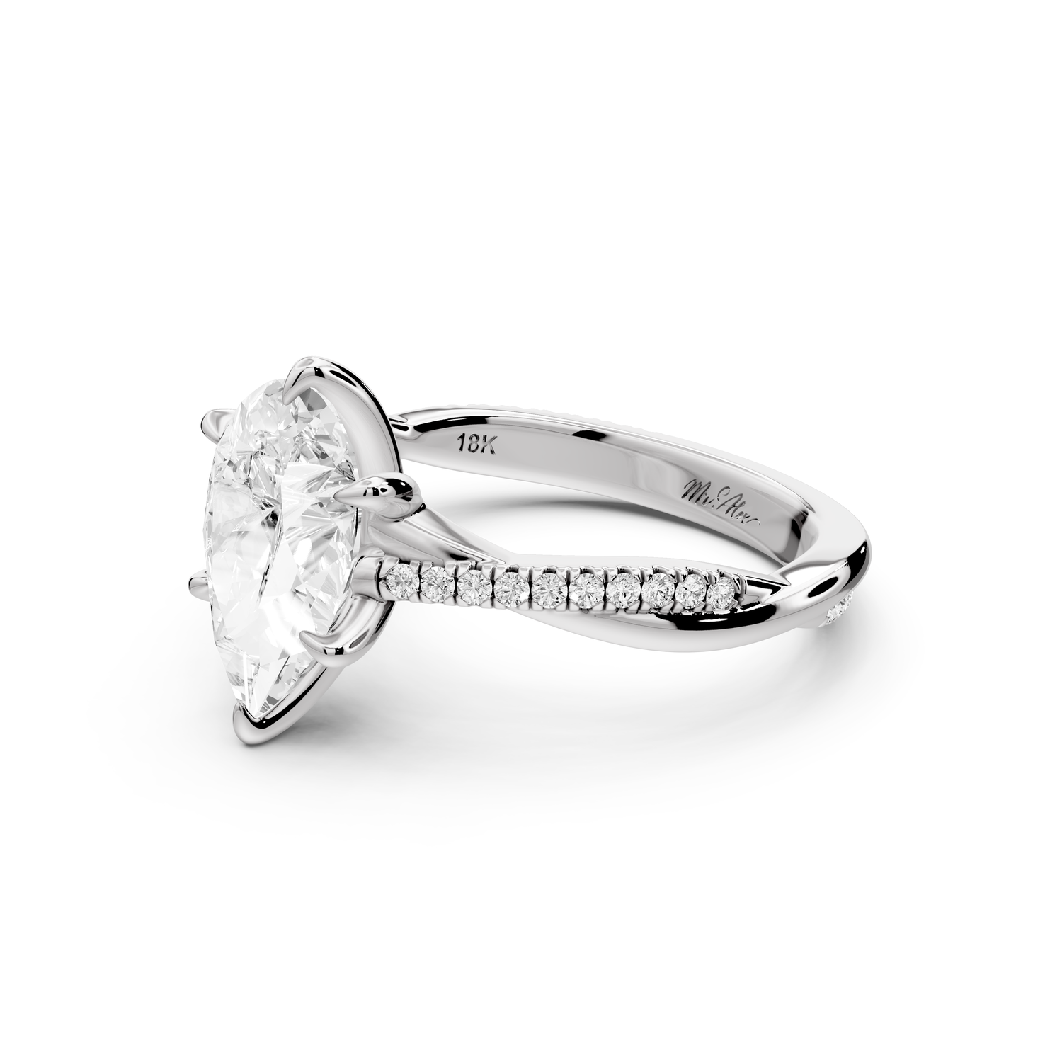 Ella - 2ct platinum Pear Classic Solitaire Engagement Ring with Shared-Prong Pavé Band