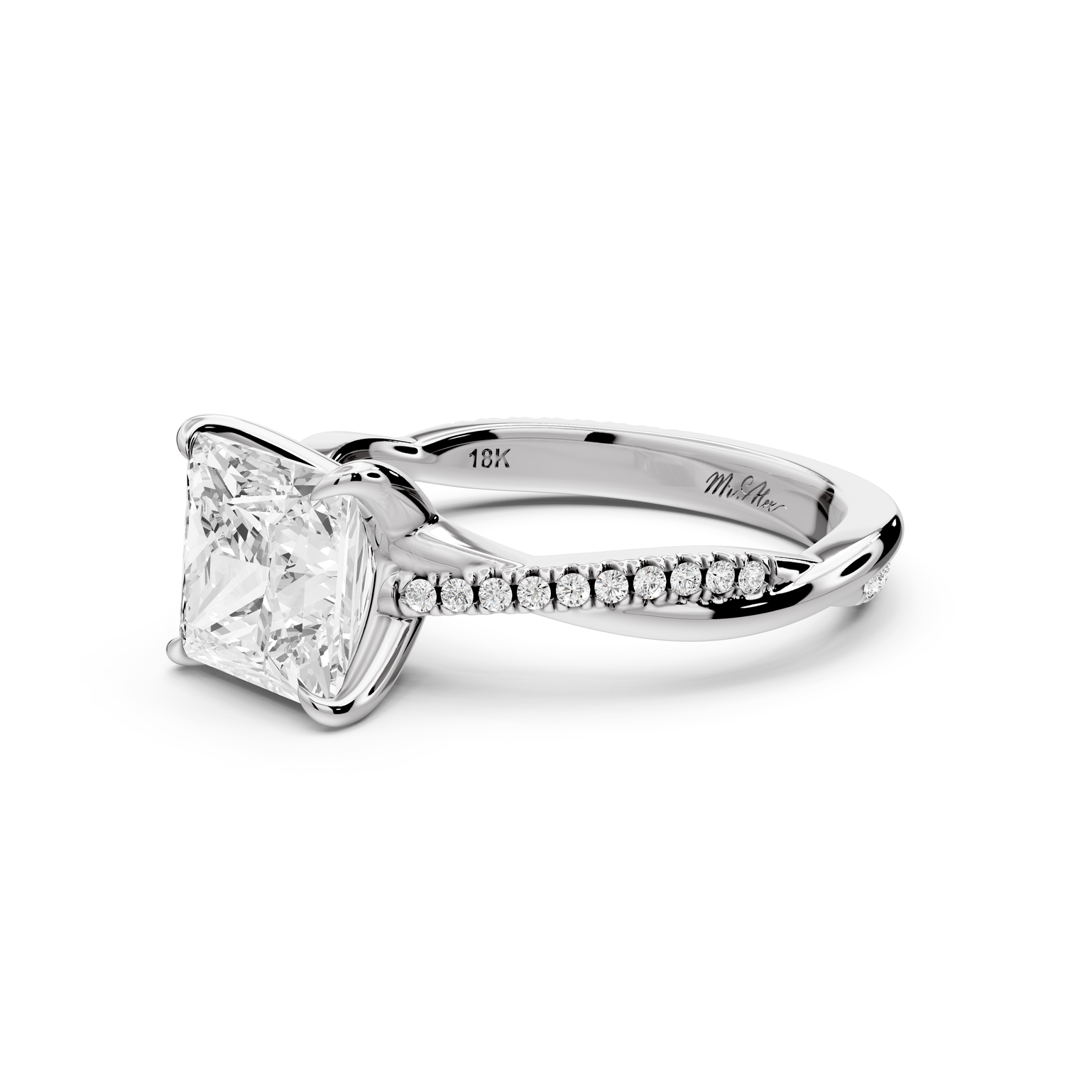 Ella - 2ct platinum Princess Classic Solitaire Engagement Ring with Shared-Prong Pavé Band