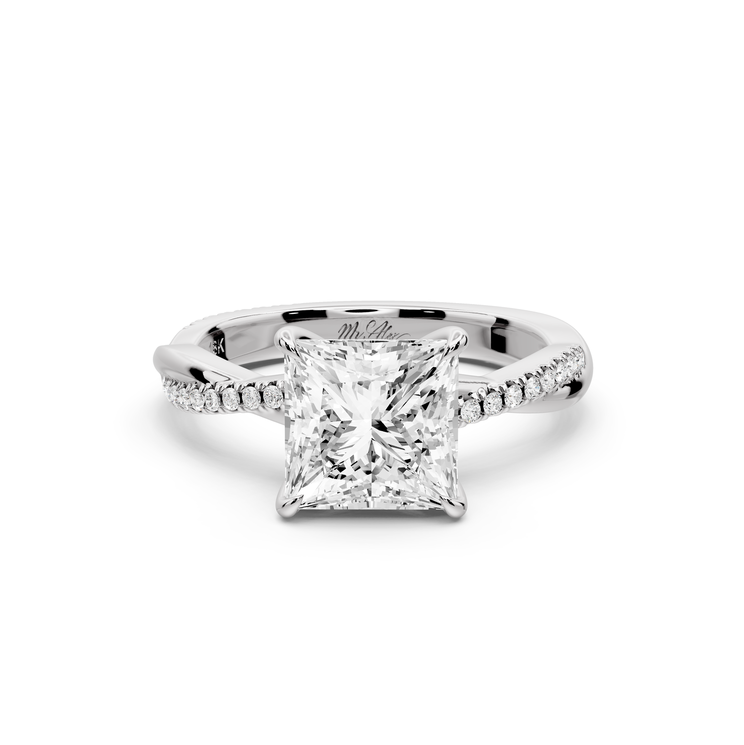 Ella - 2ct platinum Princess Classic Solitaire Engagement Ring with Shared-Prong Pavé Band