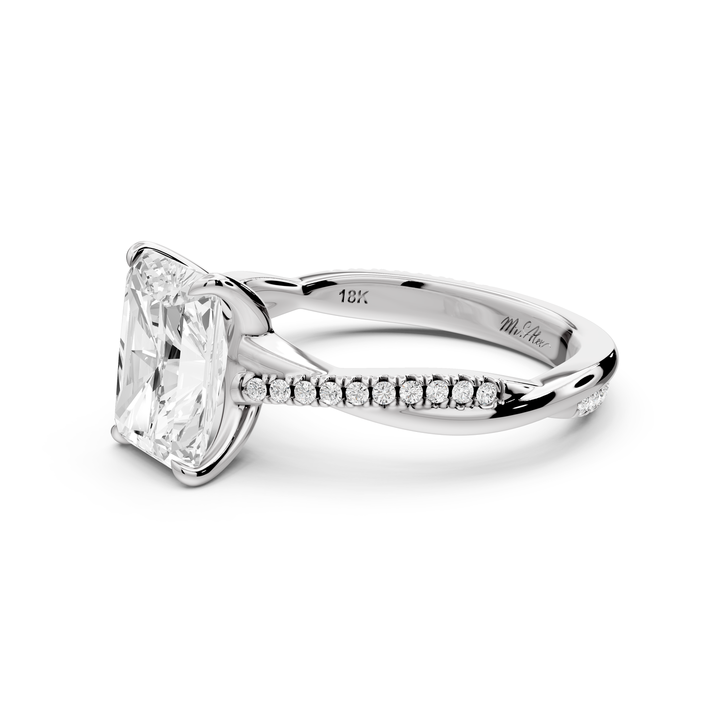 Ella - 2ct platinum Radiant Classic Solitaire Engagement Ring with Shared-Prong Pavé Band