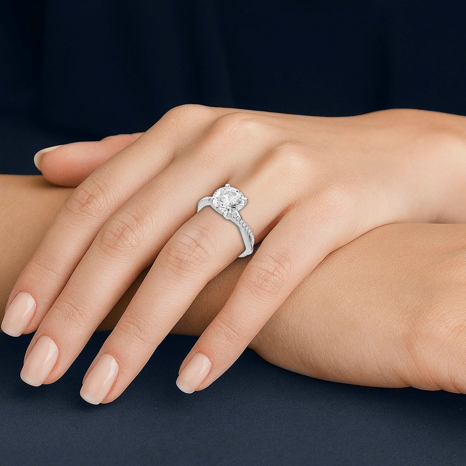 Ella - 2ct platinum Round Classic Solitaire Engagement Ring with Shared-Prong Pavé Band