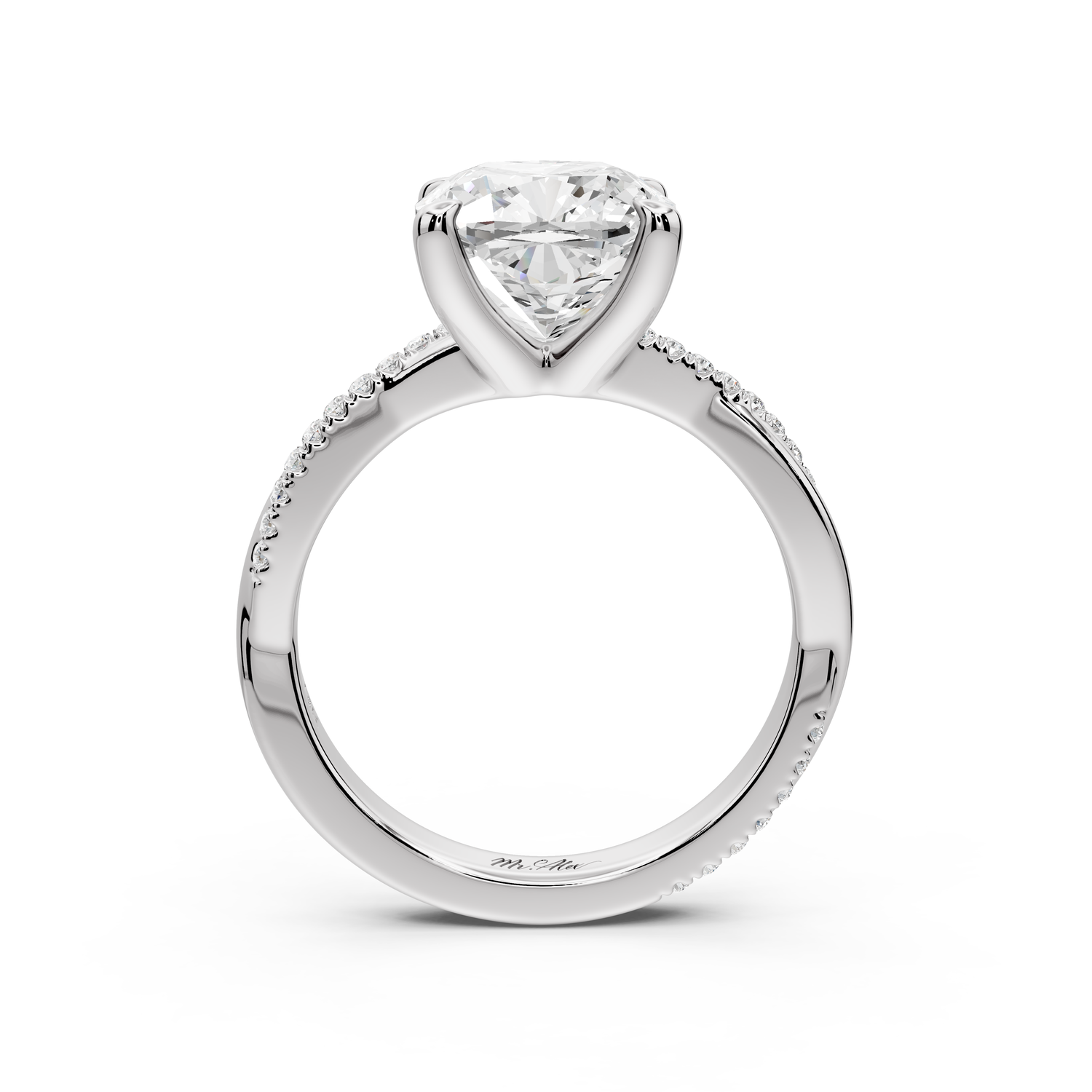 Ella - 3ct platinum Cushion Classic Solitaire Engagement Ring with Shared-Prong Pavé Band