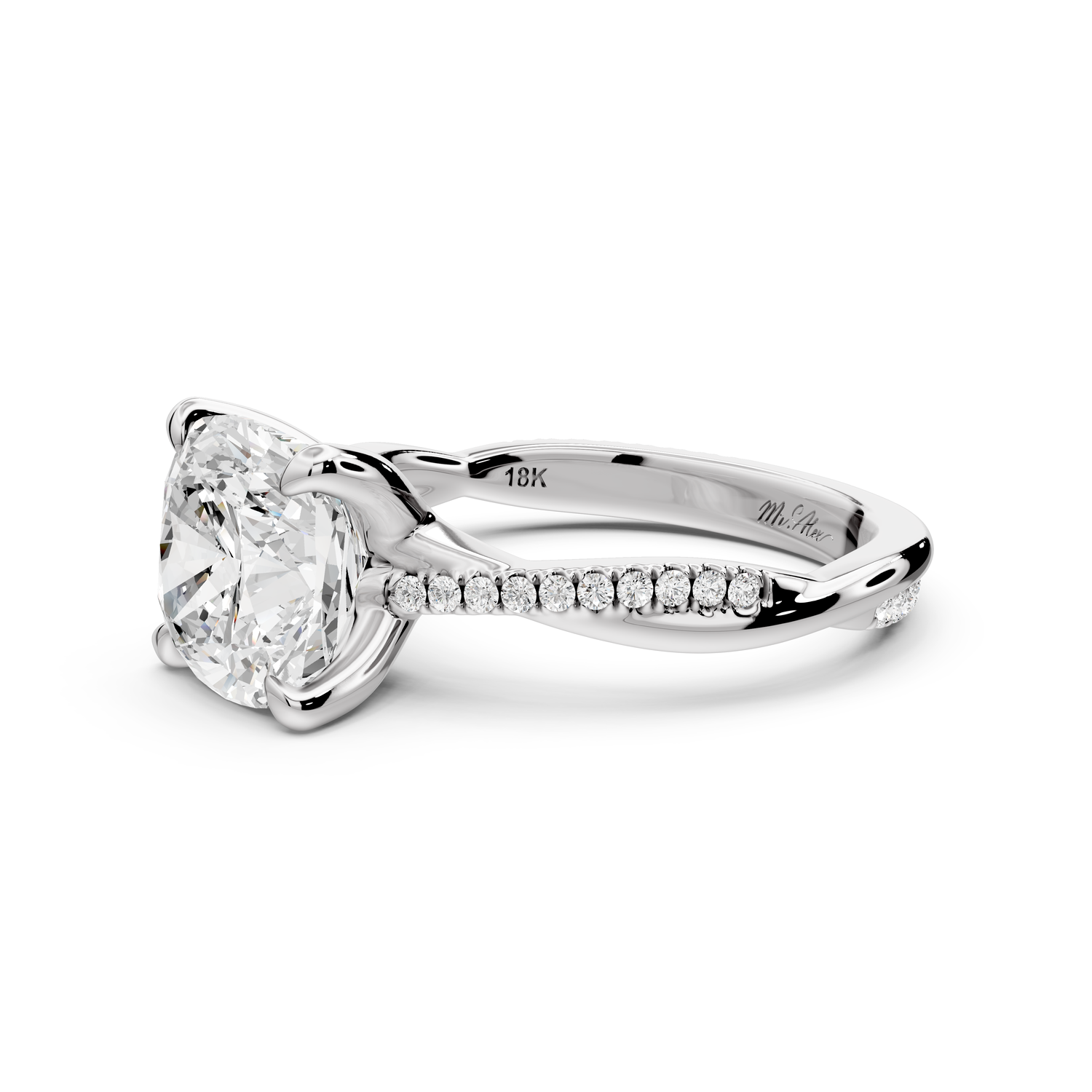 Ella - 3ct platinum Cushion Classic Solitaire Engagement Ring with Shared-Prong Pavé Band