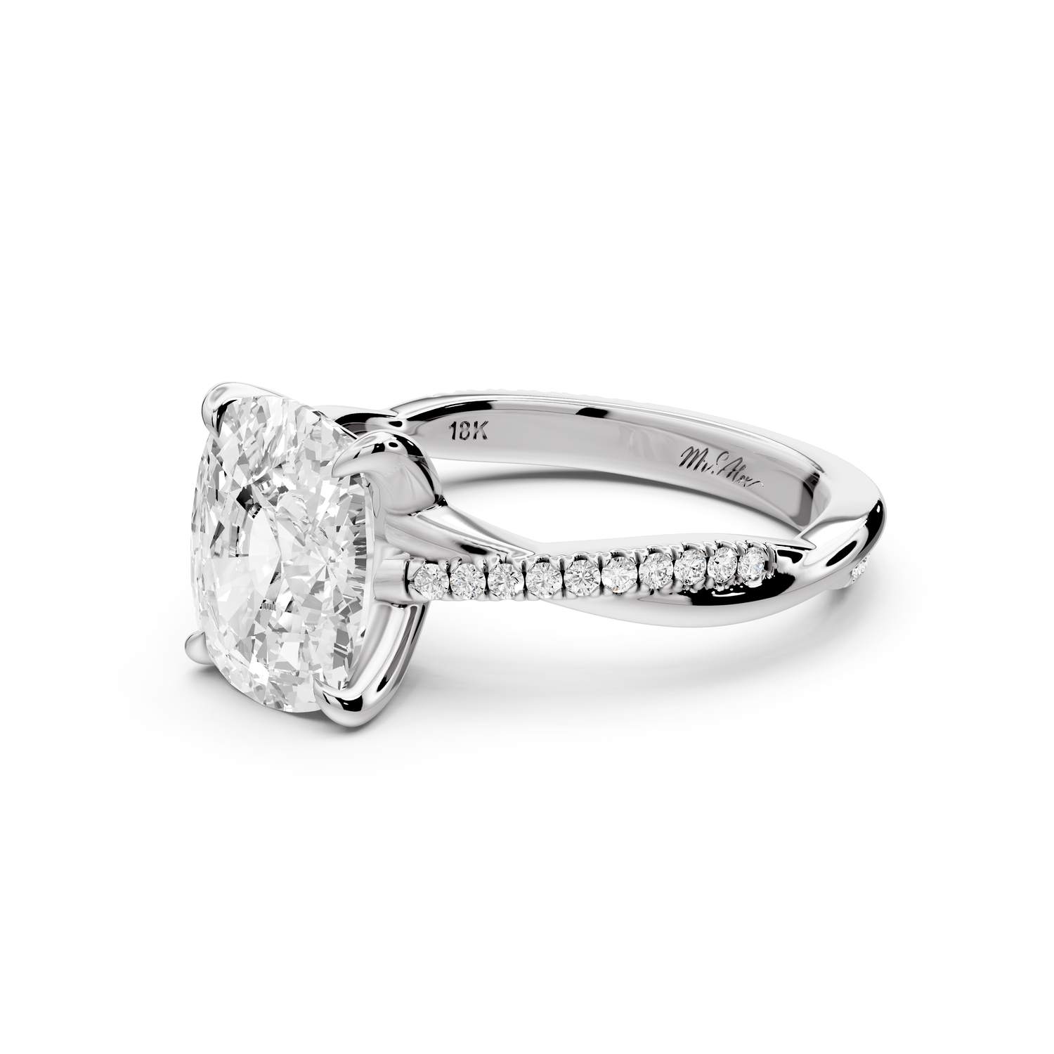 Ella - 3ct platinum Ecushion Classic Solitaire Engagement Ring with Shared-Prong Pavé Band