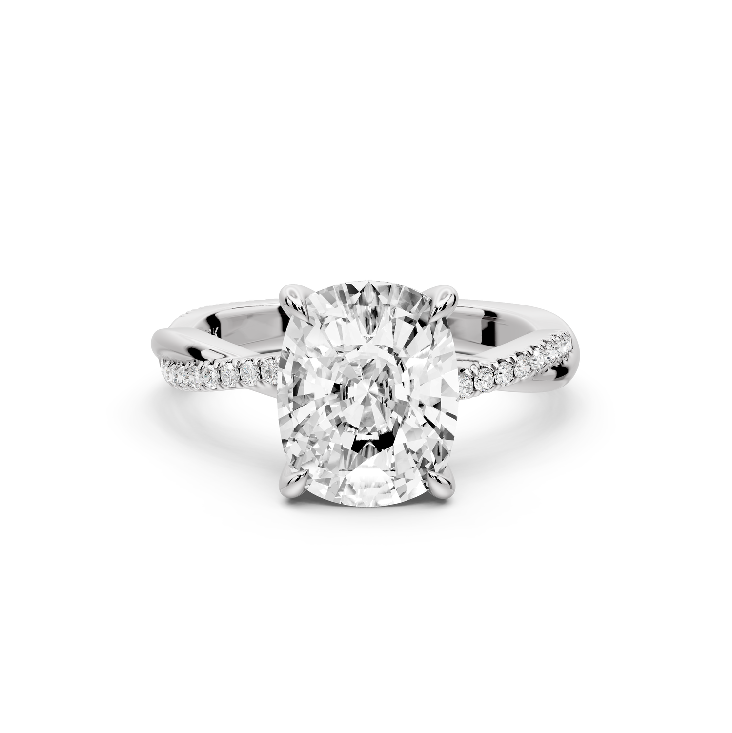 Ella - 3ct platinum Ecushion Classic Solitaire Engagement Ring with Shared-Prong Pavé Band