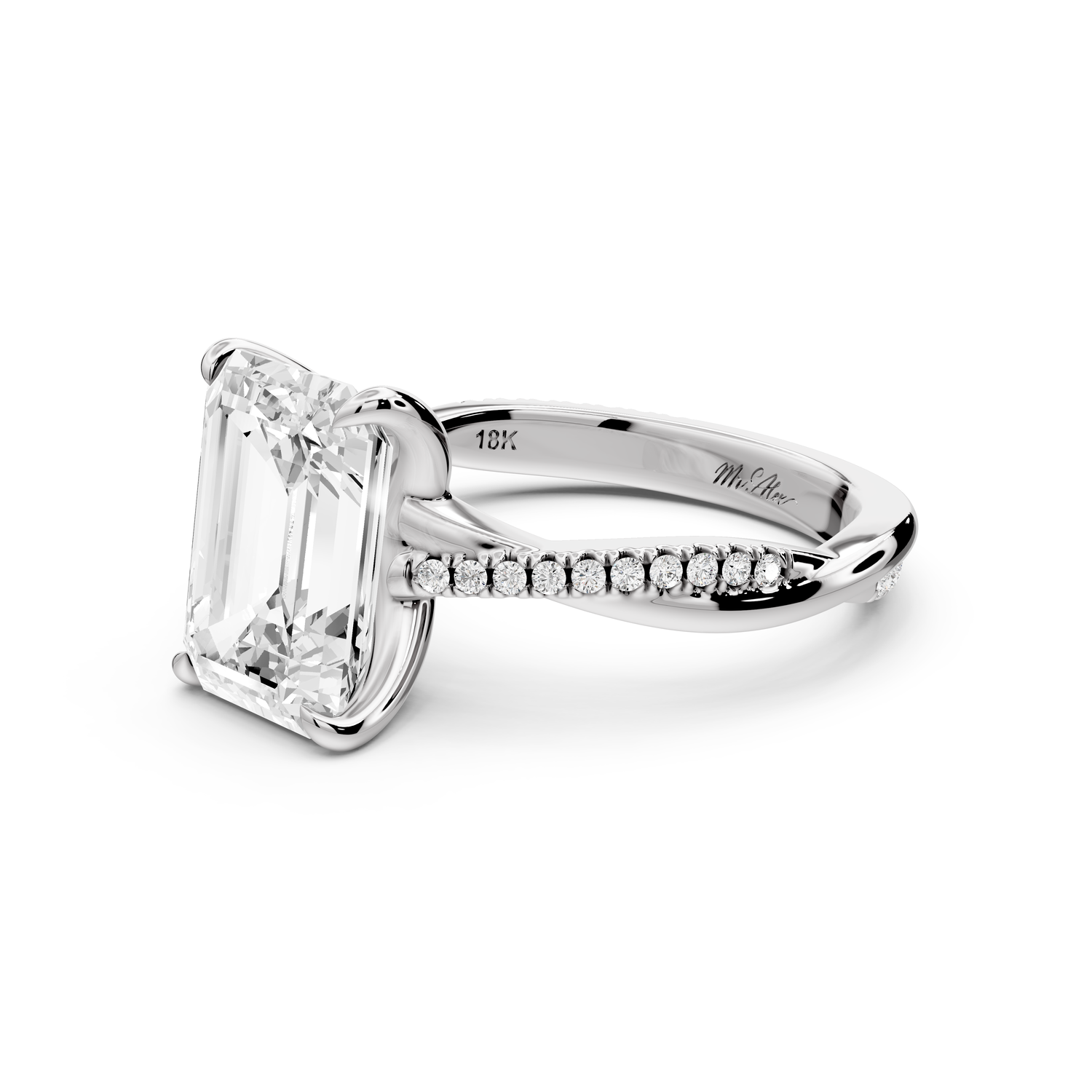 Ella - 3ct platinum Emerald Classic Solitaire Engagement Ring with Shared-Prong Pavé Band