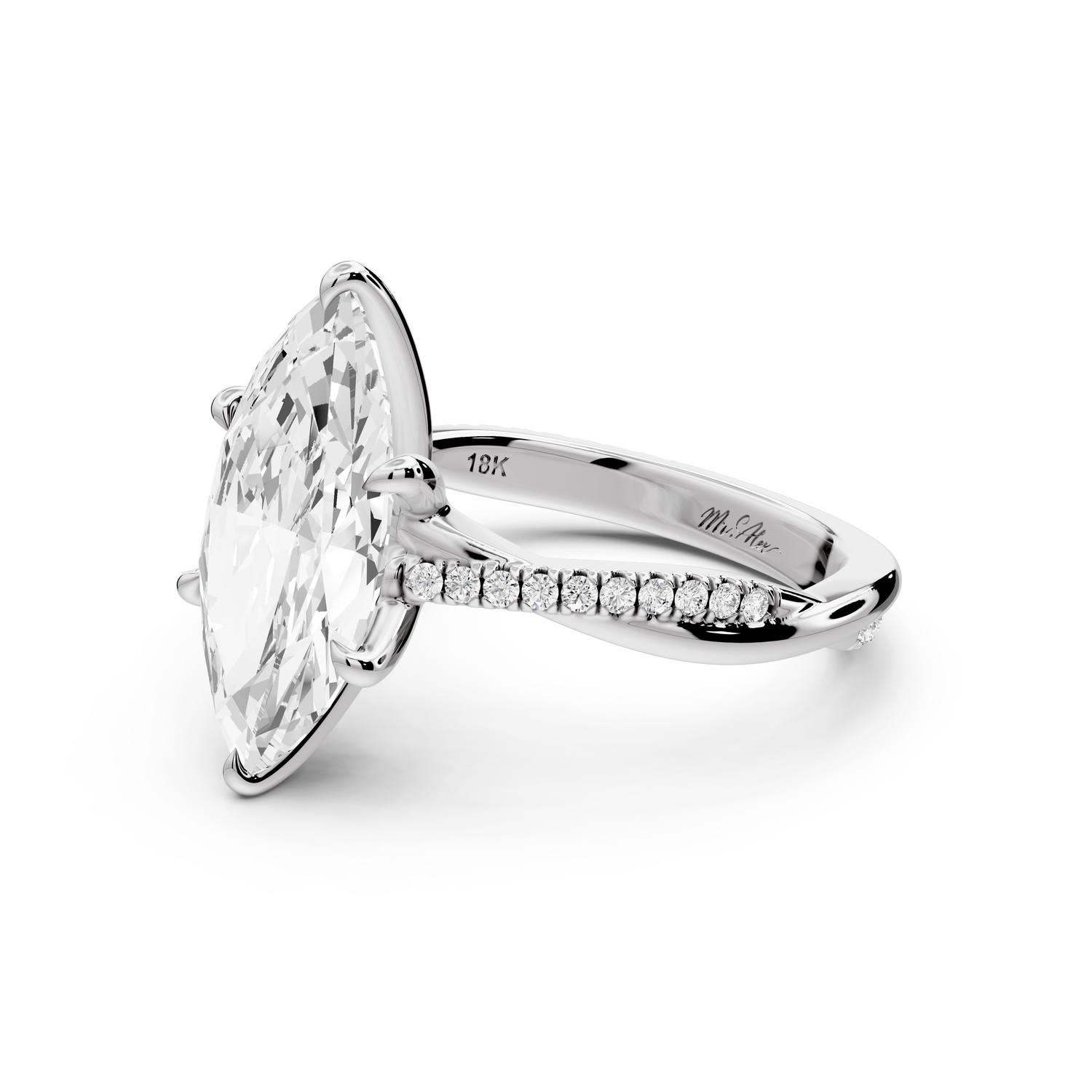 Ella - 3ct platinum Marquise Classic Solitaire Engagement Ring with Shared-Prong Pavé Band