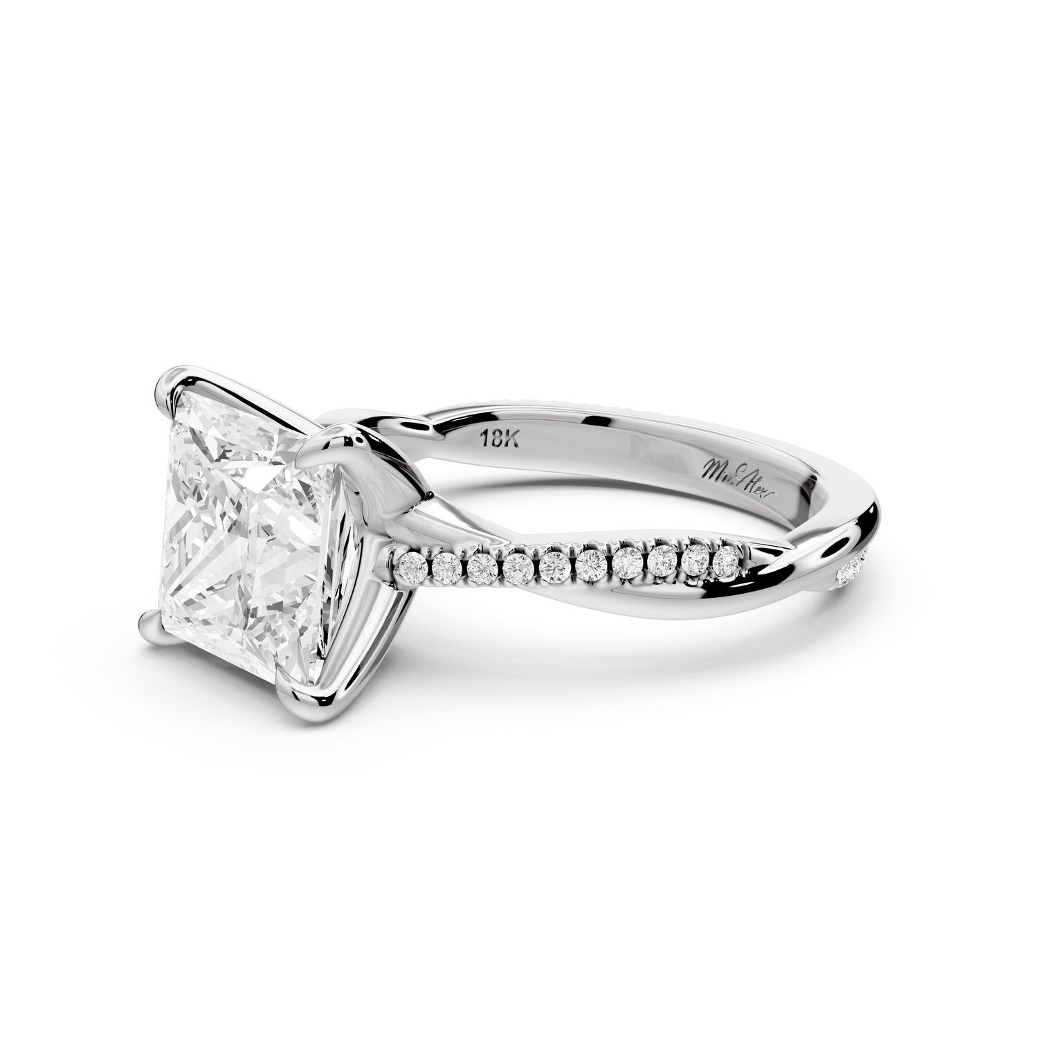 Ella - 3ct platinum Princess Classic Solitaire Engagement Ring with Shared-Prong Pavé Band
