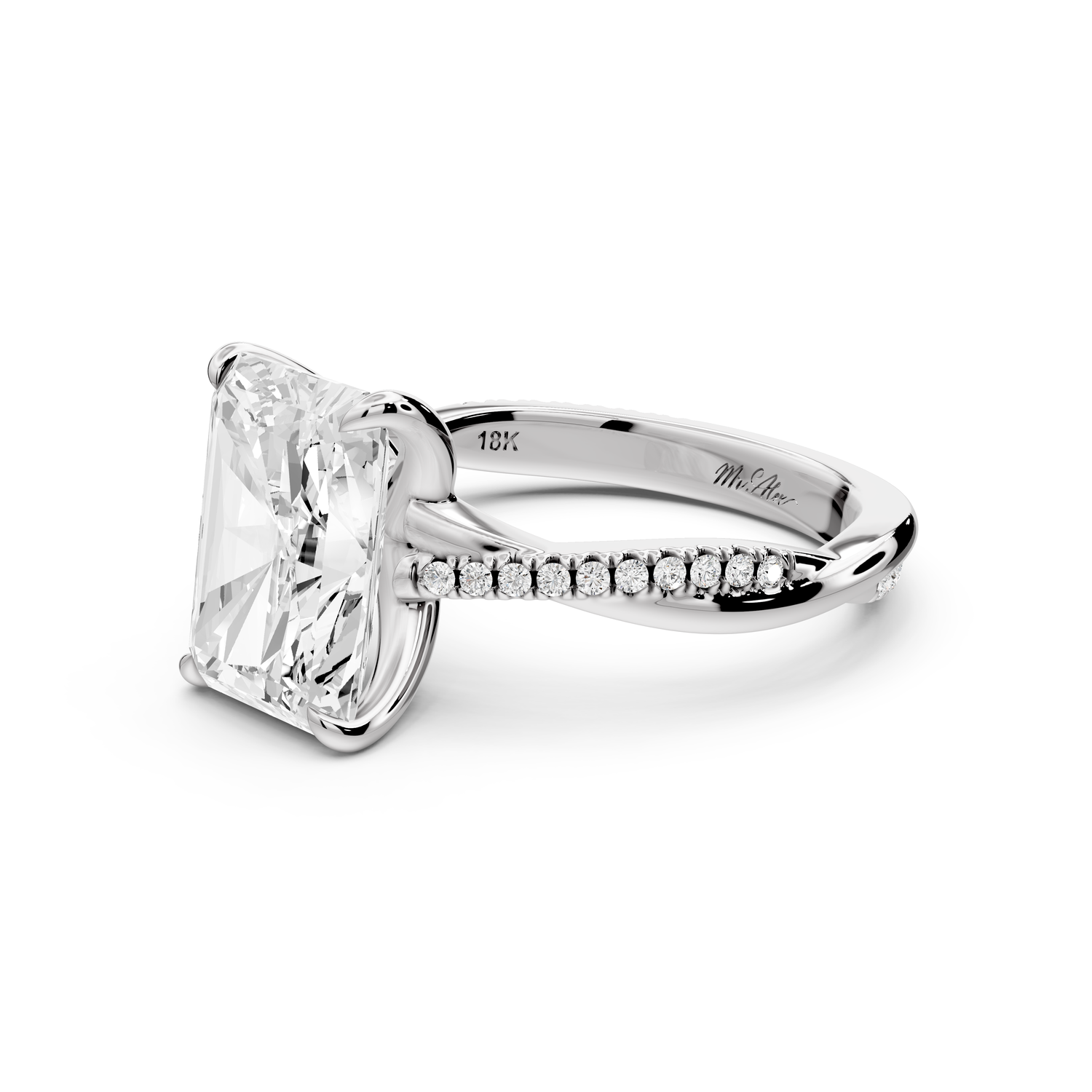Ella - 3ct platinum Radiant Classic Solitaire Engagement Ring with Shared-Prong Pavé Band