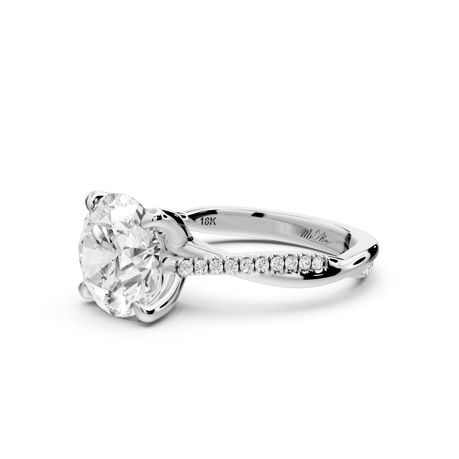 Ella - 3ct platinum Round Classic Solitaire Engagement Ring with Shared-Prong Pavé Band