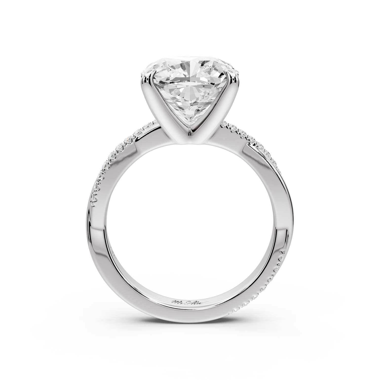 Ella - 4ct platinum Cushion Classic Solitaire Engagement Ring with Shared-Prong Pavé Band