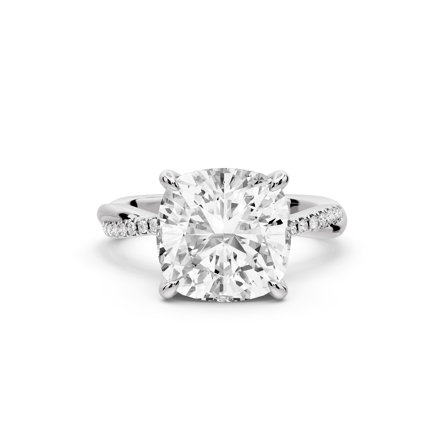 Ella - 4ct platinum Cushion Classic Solitaire Engagement Ring with Shared-Prong Pavé Band