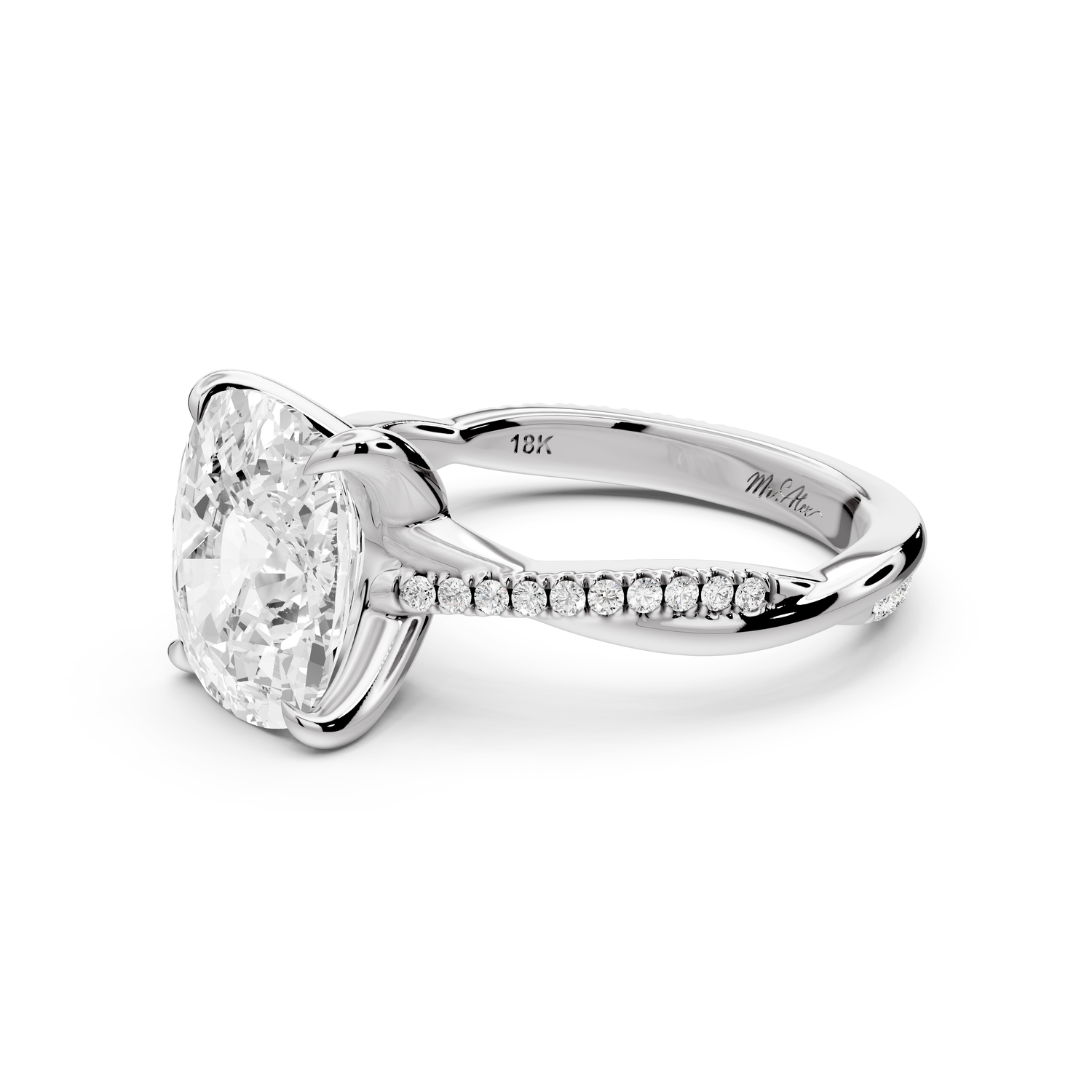 Ella - 4ct platinum Ecushion Classic Solitaire Engagement Ring with Shared-Prong Pavé Band