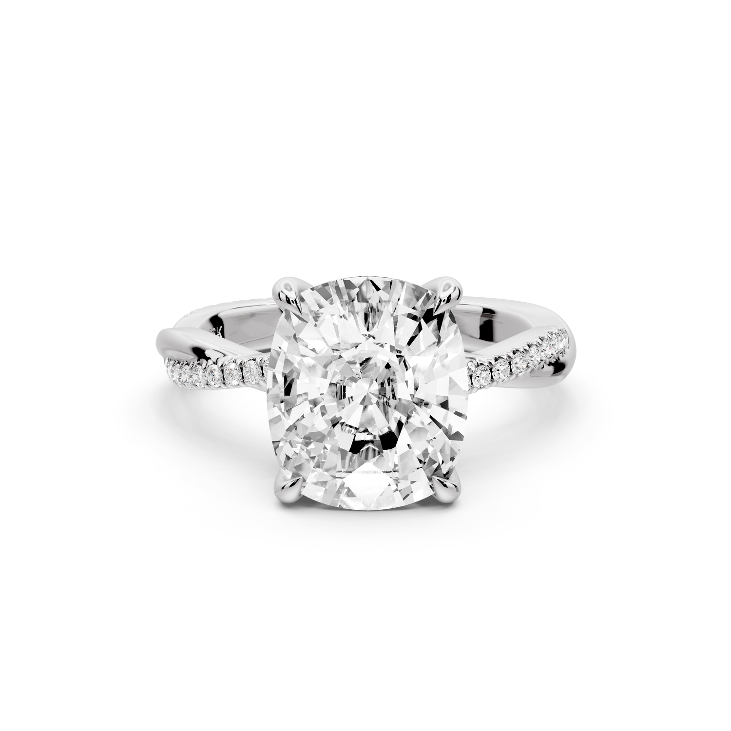 Ella - 4ct platinum Ecushion Classic Solitaire Engagement Ring with Shared-Prong Pavé Band
