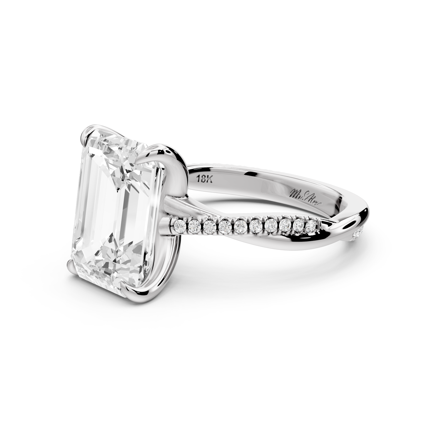 Ella - 4ct platinum Emerald Classic Solitaire Engagement Ring with Shared-Prong Pavé Band